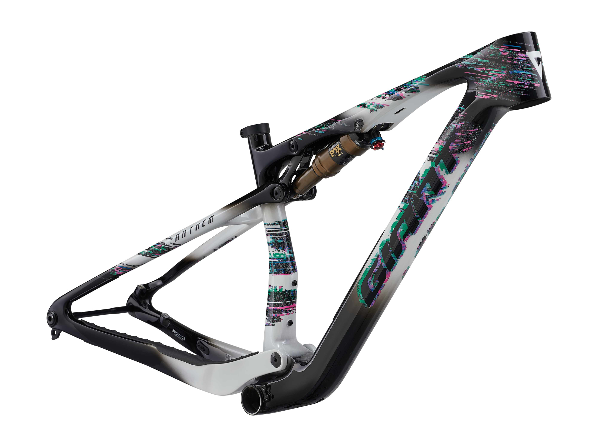 Giant Carbon-Rahmen Anthem X mit Fox Dämpfer in der weiss-schwarz mit türkisen und pinken Pixeln, Ansicht von schräg vorne