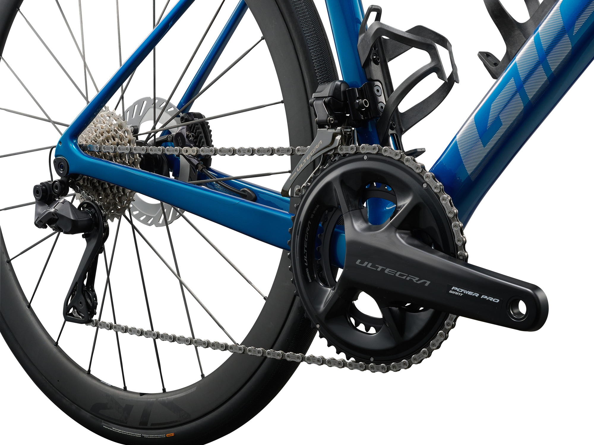 Giant Defy Advanced Pro 0 Rennvelo in Lagoon mit Ultegra Kurbel und Leistungsmesser in Detailansicht.