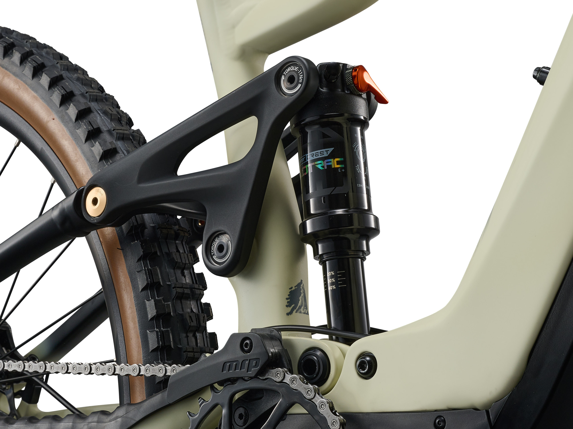 Liv Embolden E+ 1 E‑MTB in Pale Moss mit Hinterfederung und Umlenkhebel.