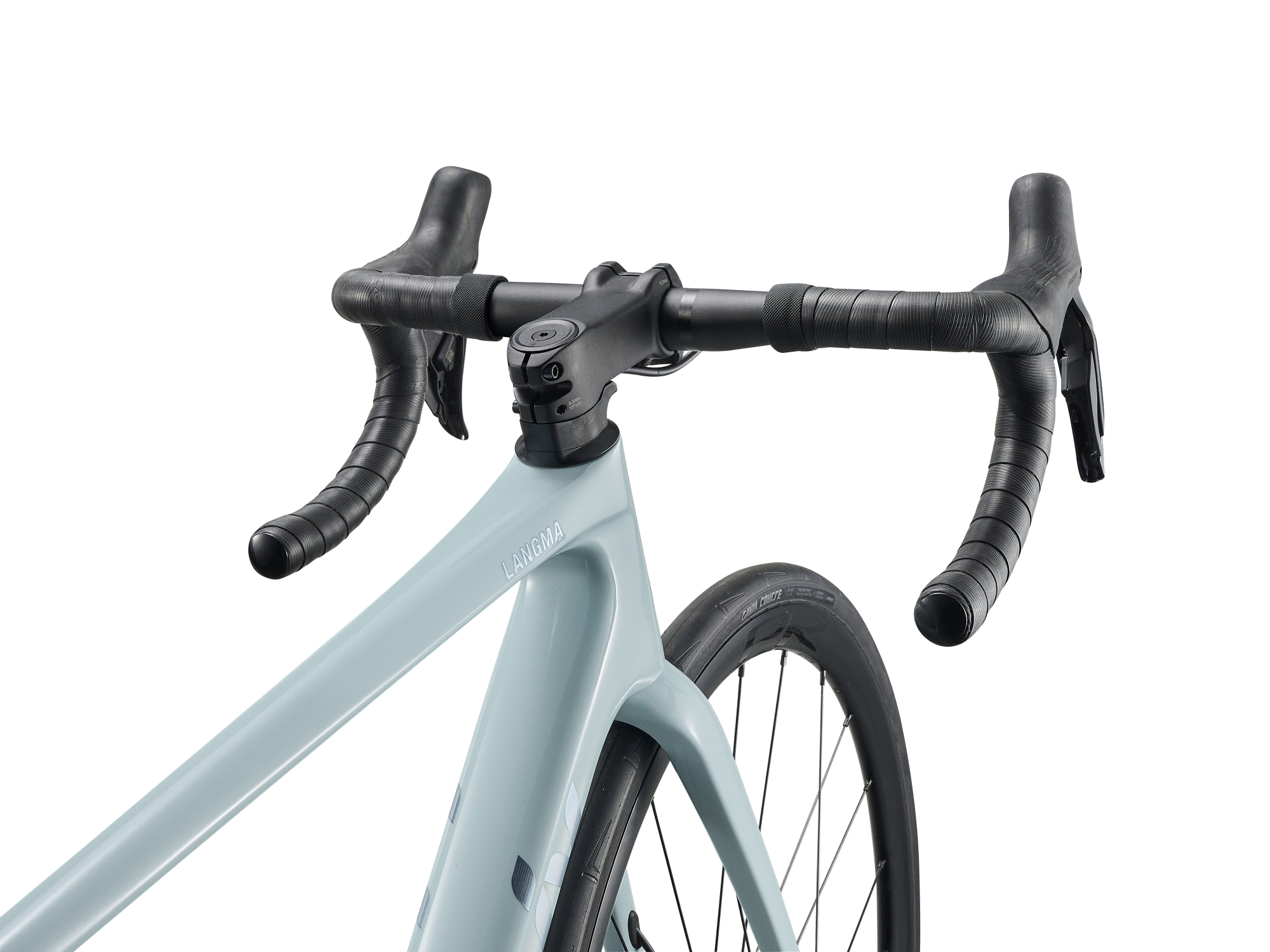 Liv Langma Advanced 1 Rennvelo in Morning Haze mit Rennlenker und aerodynamischem Steuerrohr.