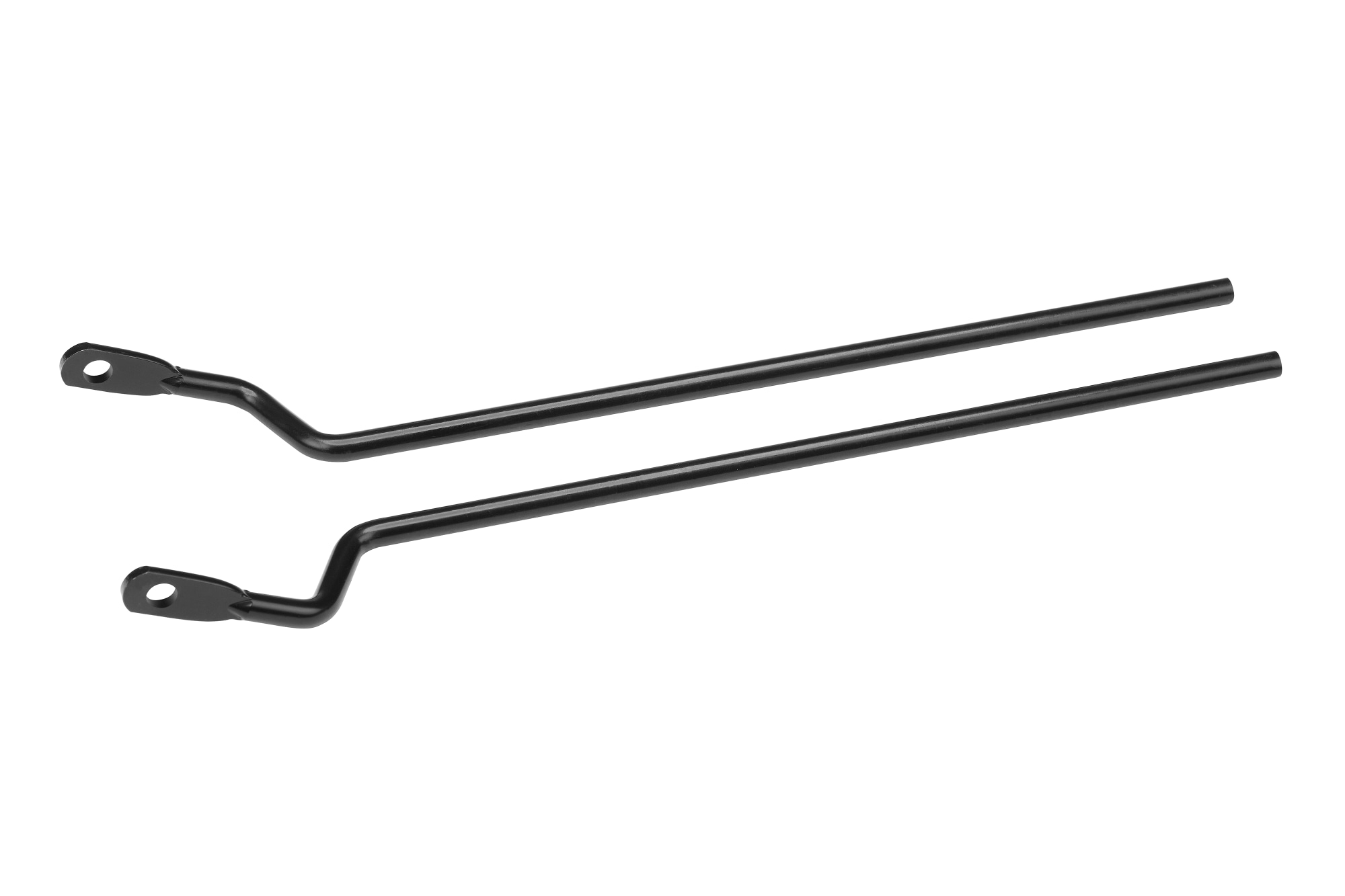 Zwei schwarze Montage-Streben für den Giant Rack-It Lite Gepäckträger, gerade mit Befestigungsösen, auf weissem Hintergrund