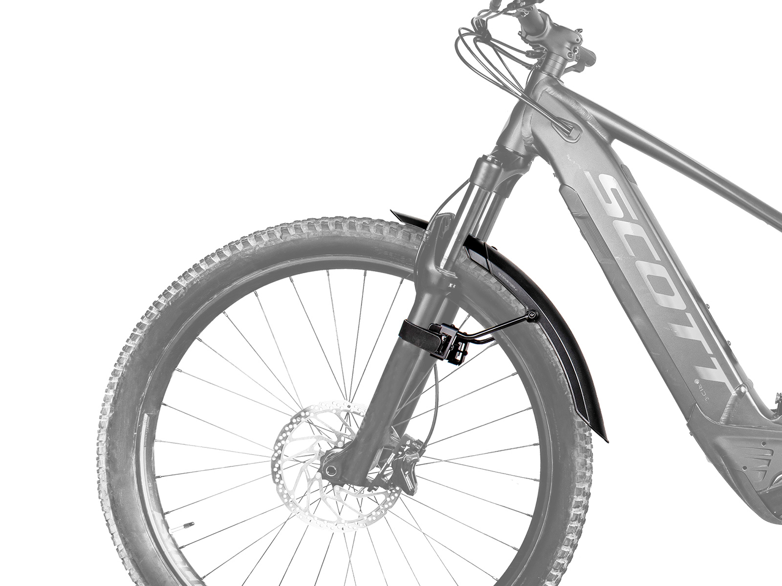  Schwarz-weiss Darstellung eines E-Mountainbikes mit montiertem Topeak TetraFender M1 Schutzblech an der Vordergabel.