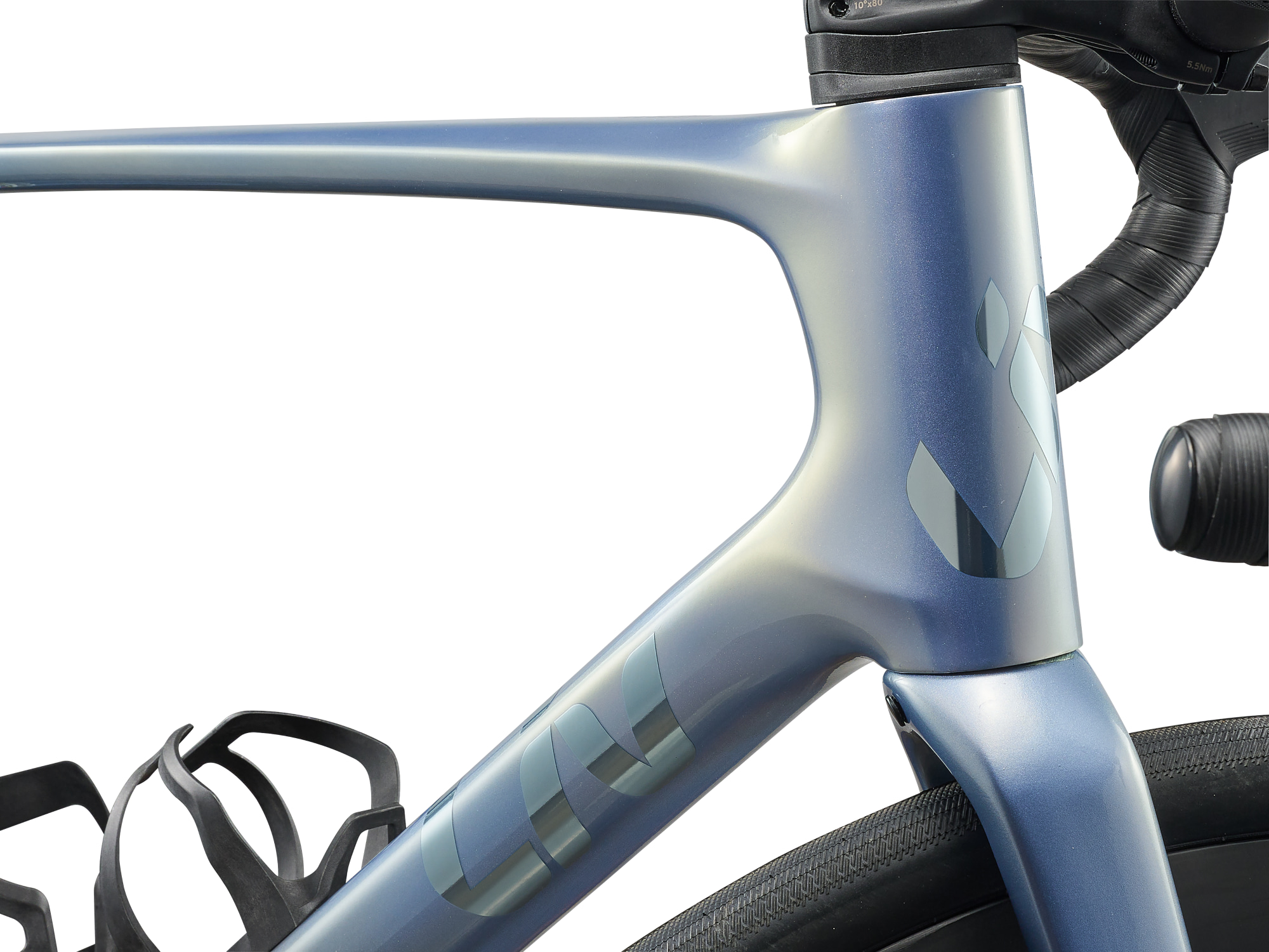 Liv Damen-Rennrad Avail Advanced Pro 0 aus Carbon in silber/blau und schwarz, Komponenten in schwarz, mit Shimano Ultegra, Detailansicht Steuerkopf