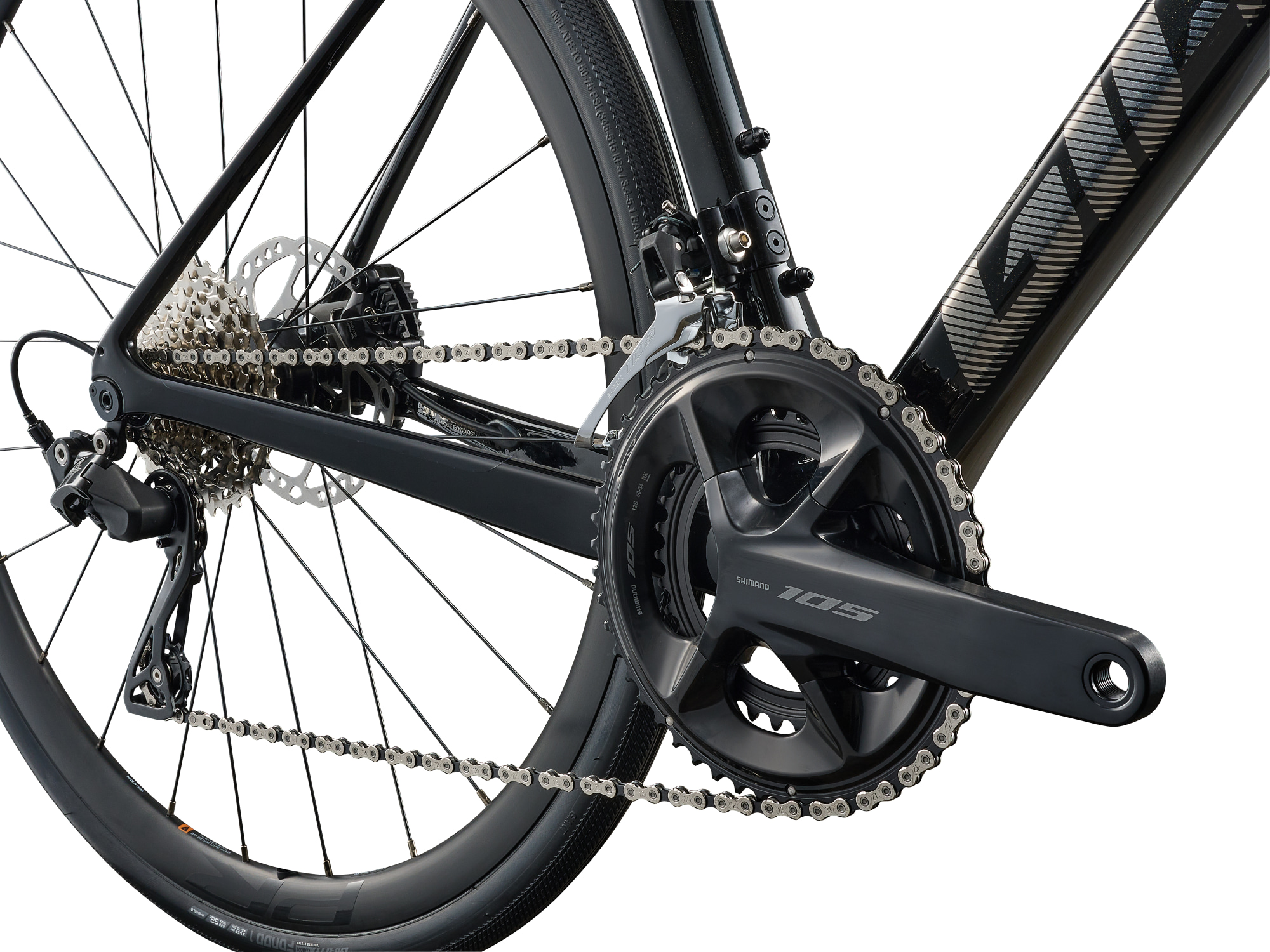 Detailansicht Defy Advanced 2 mit Carbonrahmen, Kurbel Shimano 105, Kette und Schaltwerk