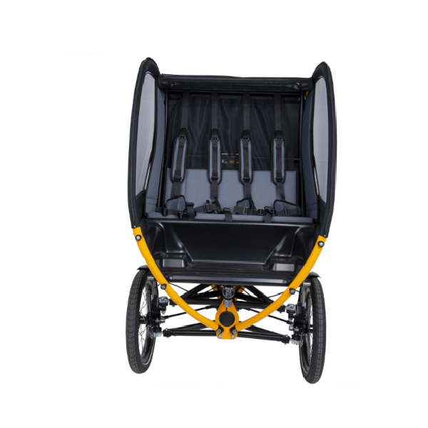 Sicht in die Transportkabine des Chike e-Kids Lastenrades mit grauen Polstern