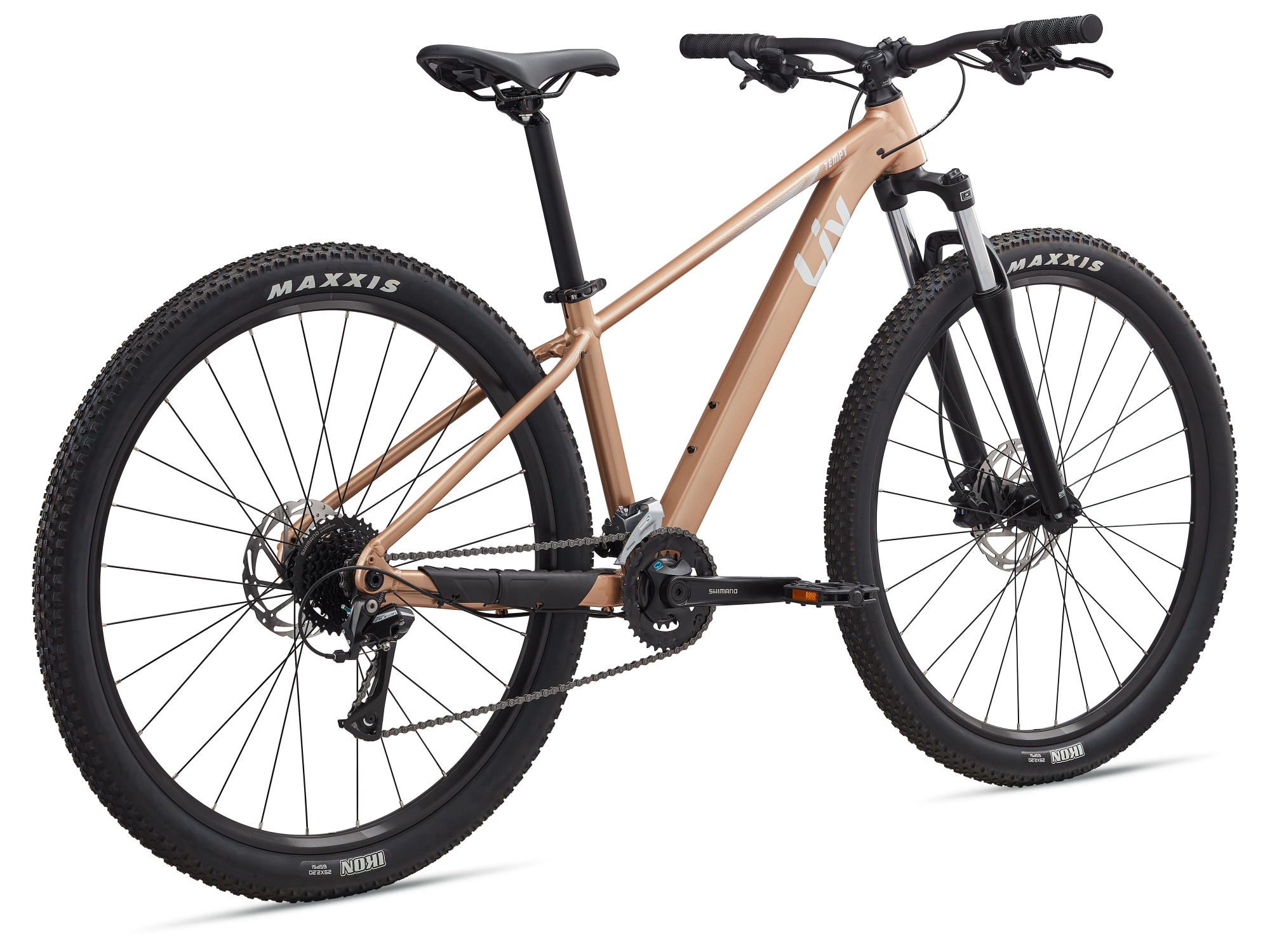 Liv Damen-MTB Hardtail in hellem bronze mit weisser aufschrift und schwarzen Komponenten, Ansicht von schräg vorne