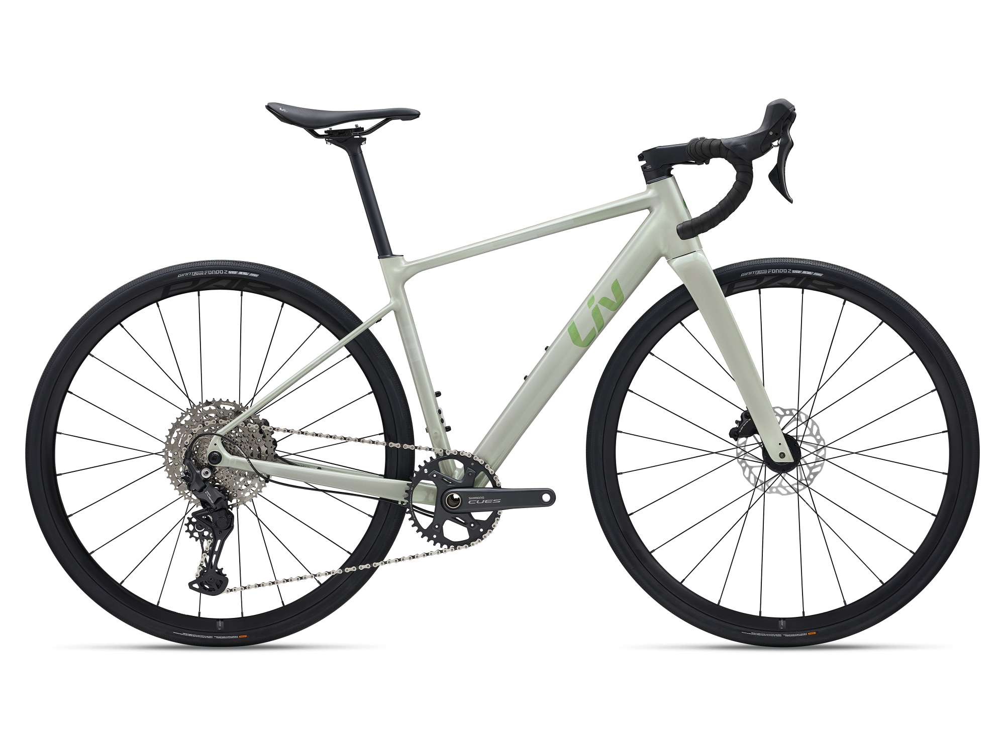 Liv Beliv AR 1 in Misty Aloe mit Shimano CUES Antrieb und Scheibenbremsen in Seitenansicht.