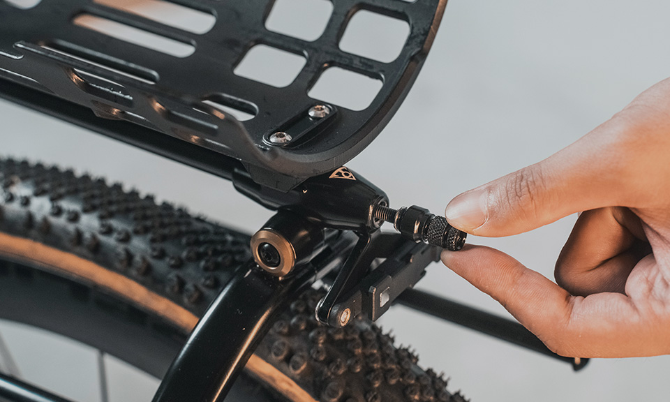 Topaek U-Shell Gepäckschale für Zi:Rak Gepäckträger in schwarz, montiert auf Velo, Detailansicht Quick-Mount Halterung