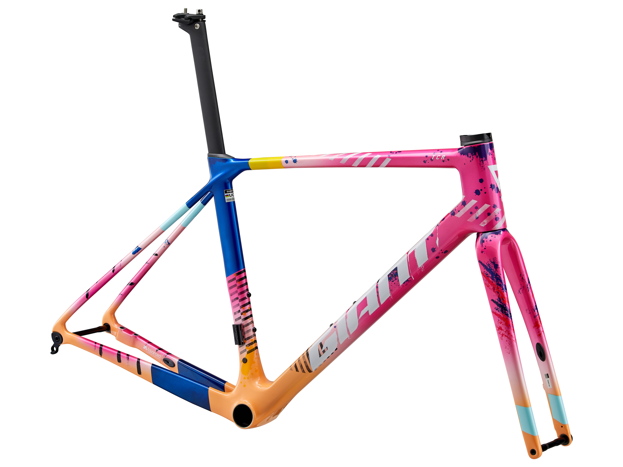 Giant Rahmendset TCR-Advanced aus Carbon mit Gabel und Sattelstütze, Farbe pink,,orange, blau, gelb gemustert, Anischt von schräg vorne
