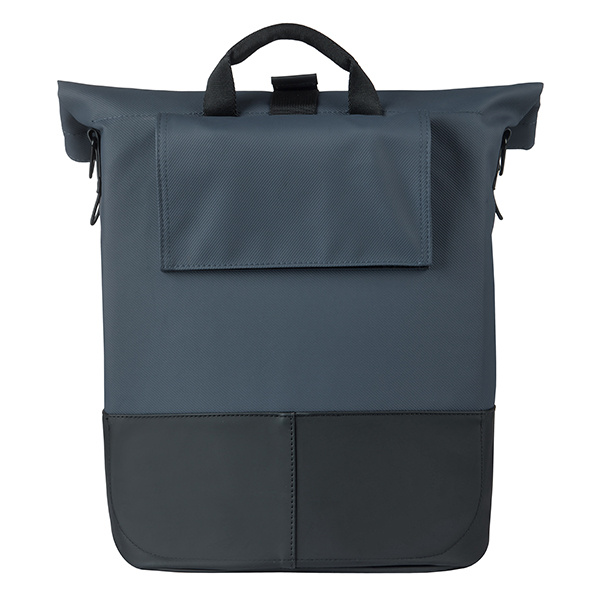 Rückansicht des Basil Cove Shoppers in Navy/Schwarz mit verdeckter Befestigungsklappe und Tragegriff.