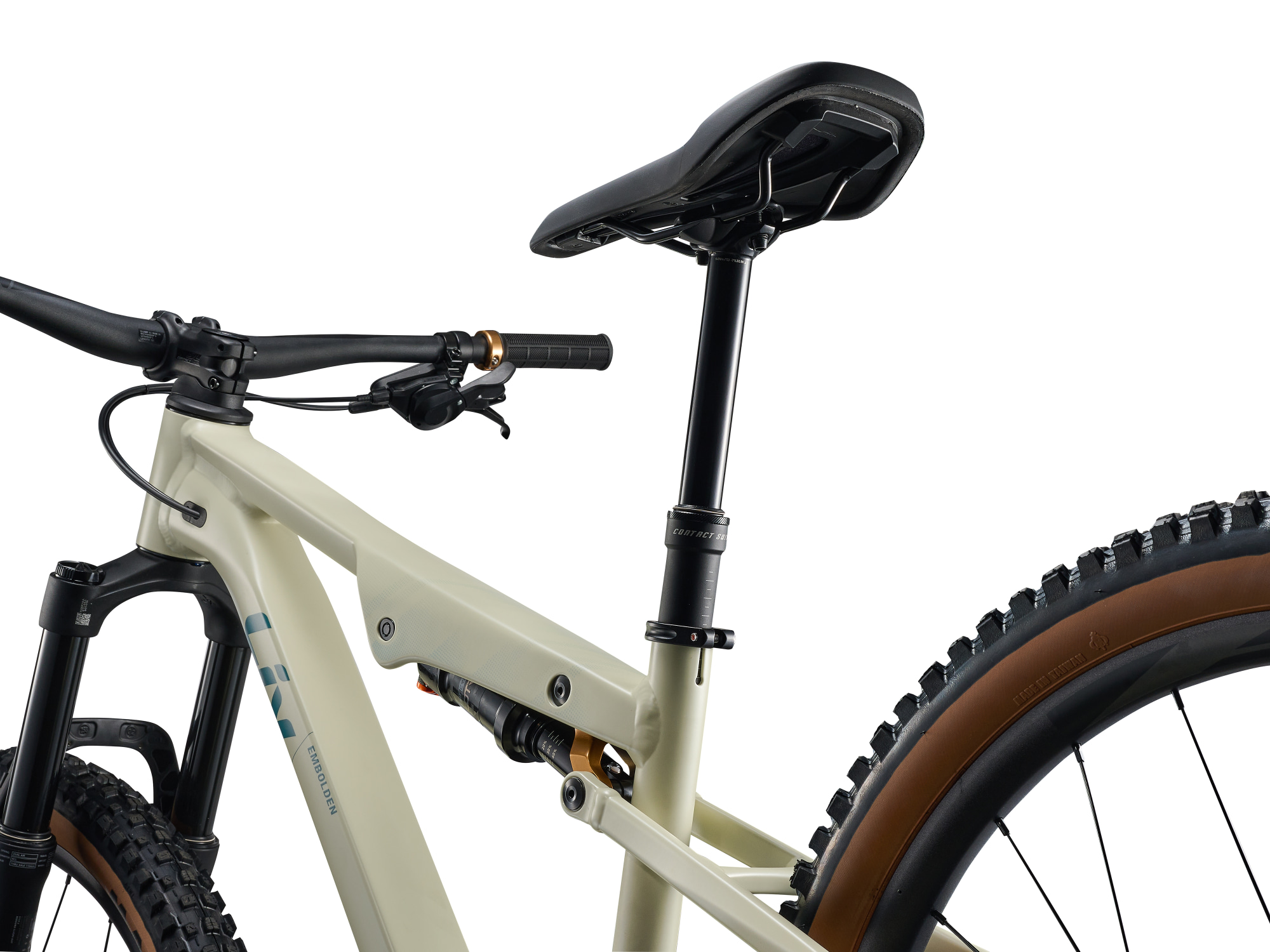 Liv Embolden Mountainbike in Pale Moss mit Variosattelstütze und Hinterbaudämpfer.
