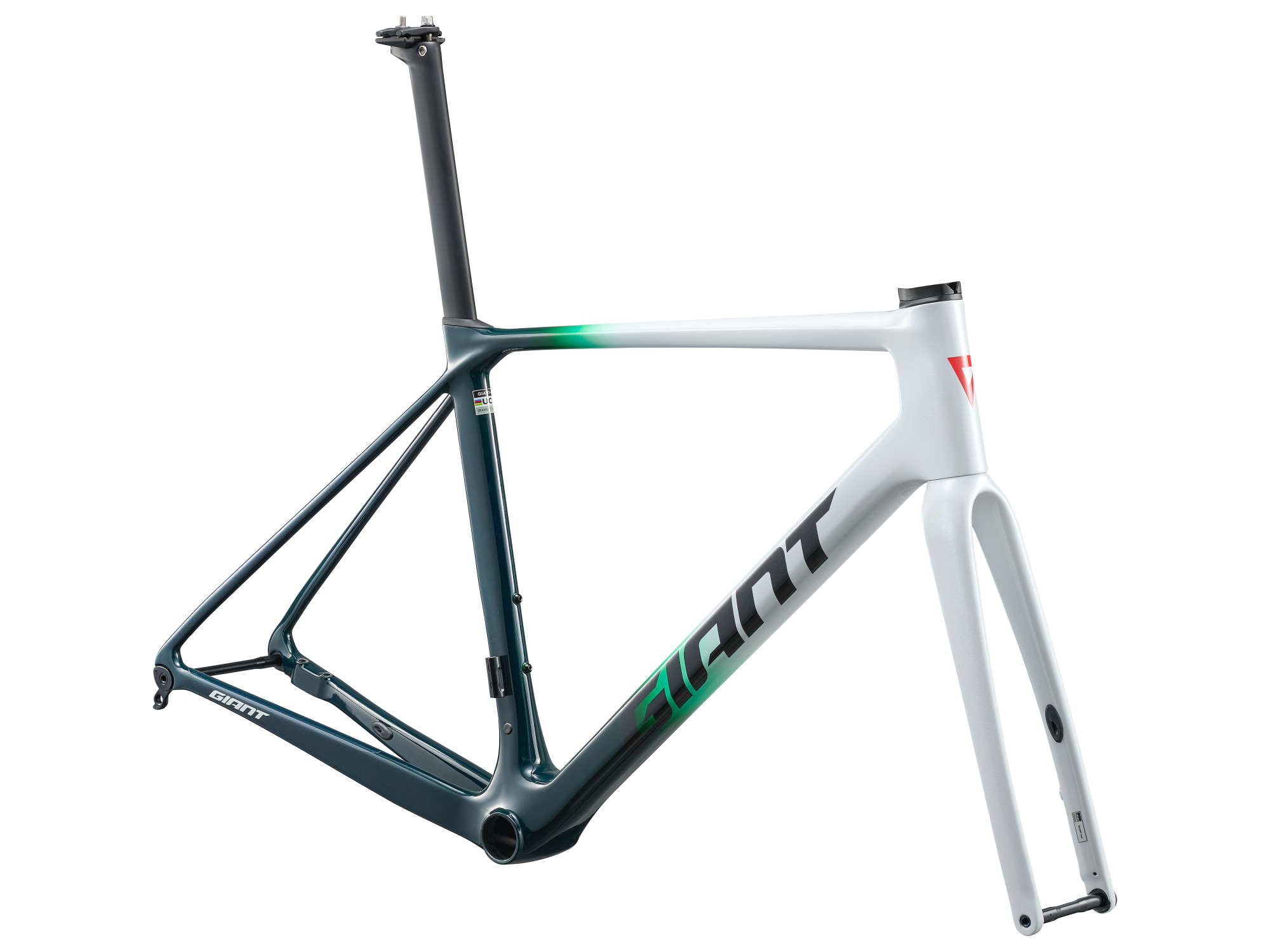 Giant Rahmendset TCR-Advanced aus Carbon mit Gabel und Sattelstütze, Farbe weiss in grün überlaufend, Ansicht von schräg vorne