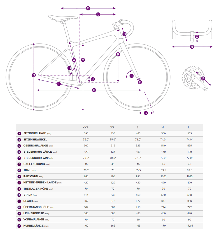 Geometriedaten in Tabellenform mit Legende für das Liv Avail AR Damenrennrad