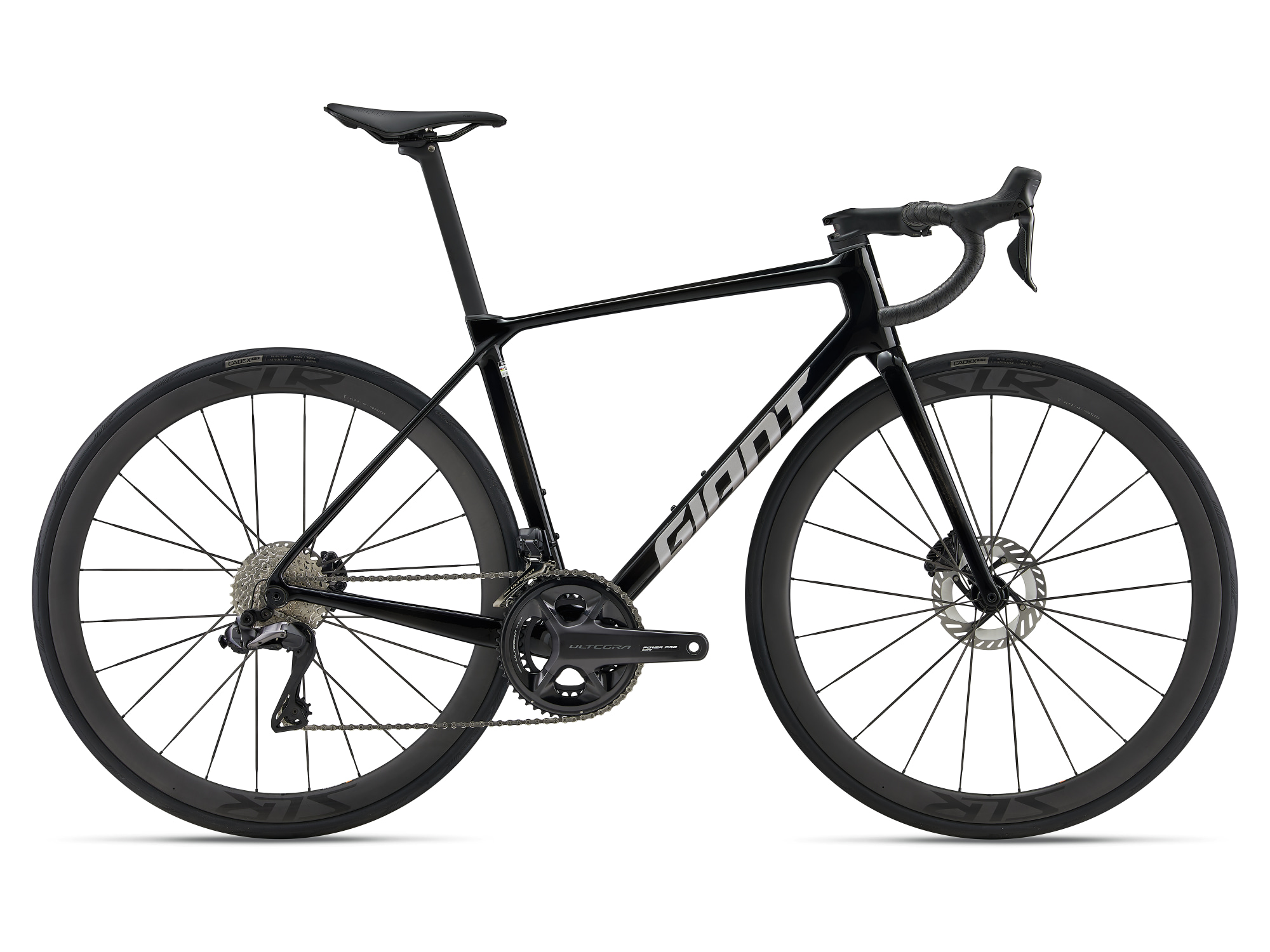 Giant Rennrad TCR Advanced PRO 0 aus Carbon, in schwarz mit Grauer Aufschrift, Komponenten in schwarz mit Shimano Ultegra und Carbonfelgen, Seitenansicht