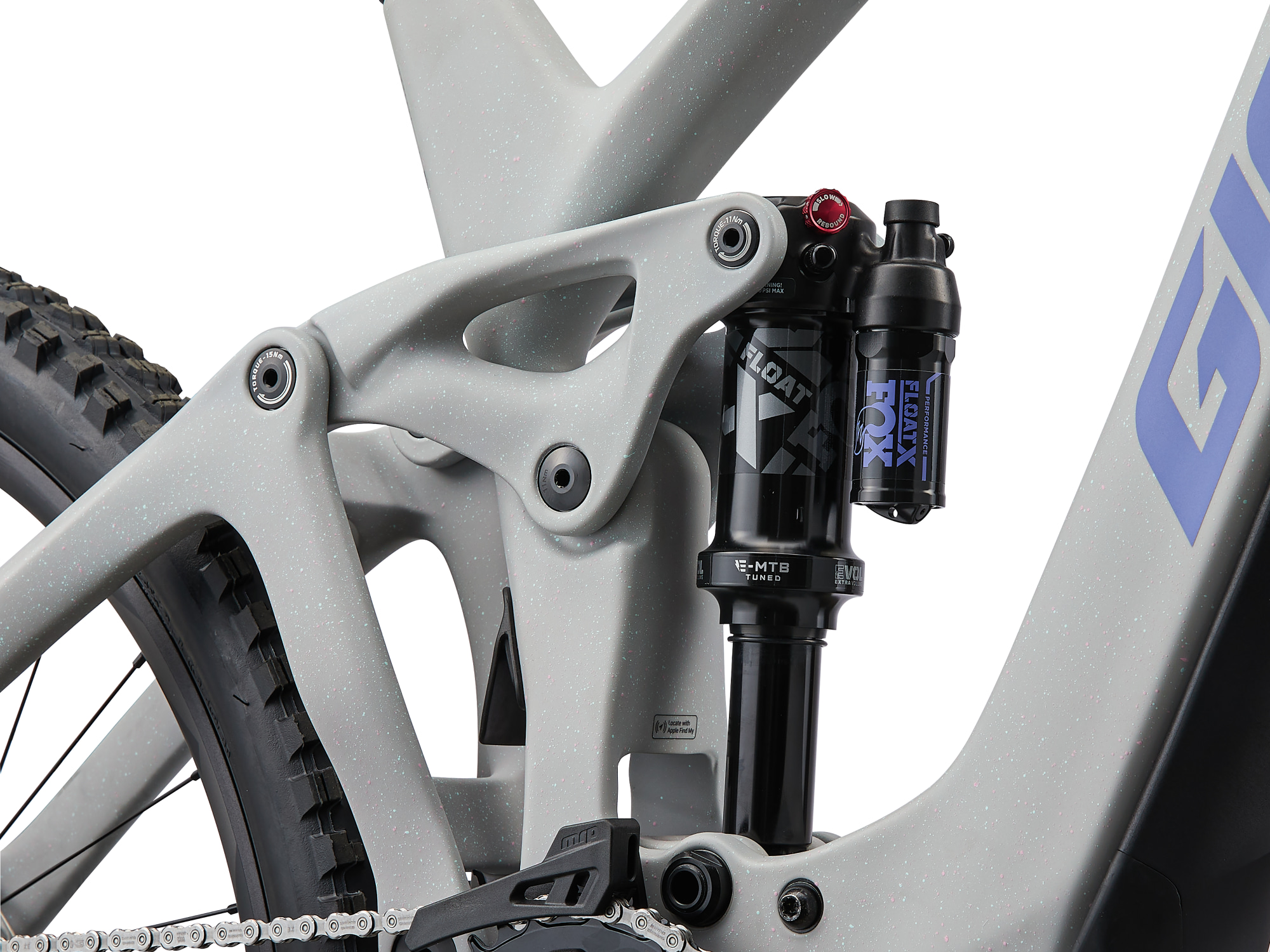 E-MTB Giant Reign Advanced E-Plus in hell grau,  Detailansicht Maestro Suspension mit Fox Dämpfer