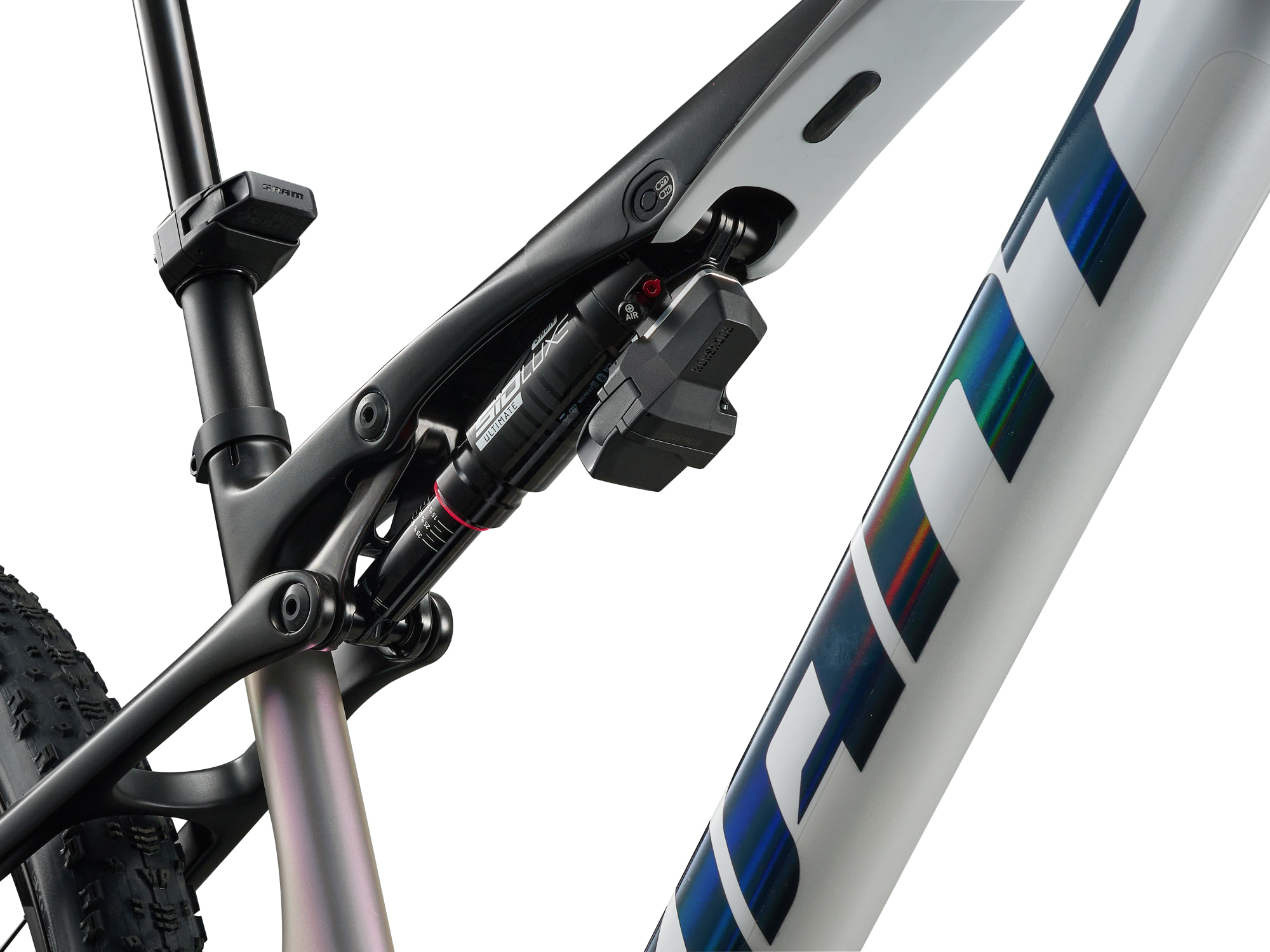 Giant Anthem Advanced SL SE MTB, Fullsuspension in weiss-schwarz, Detailansicht Federsystem Flex-Point