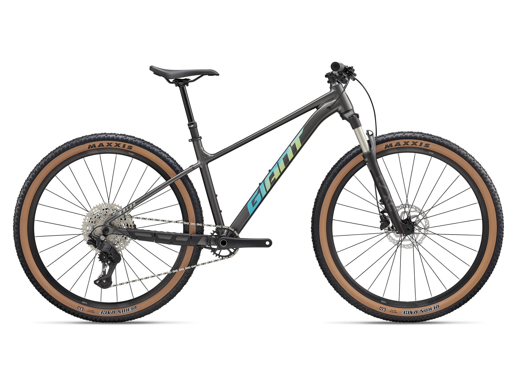 Giant Talon 0 Hardtail-Mountainbike in Stealth Chrome mit Federgabel und Stollenreifen in Seitenansicht.