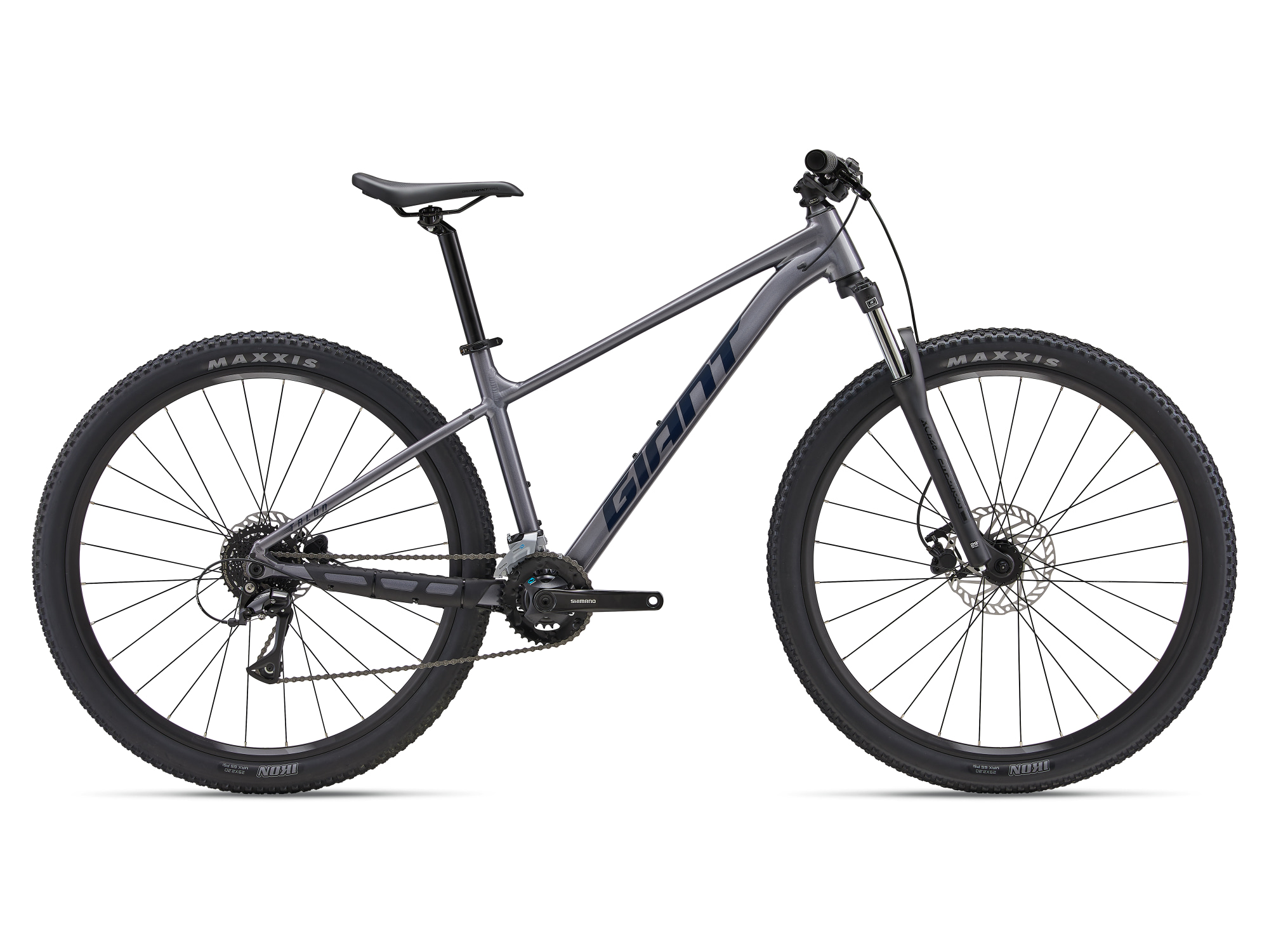 Giant Talon 3 Hardtail-Mountainbike in Liquid Silver mit Federgabel und Scheibenbremsen in Seitenansicht.