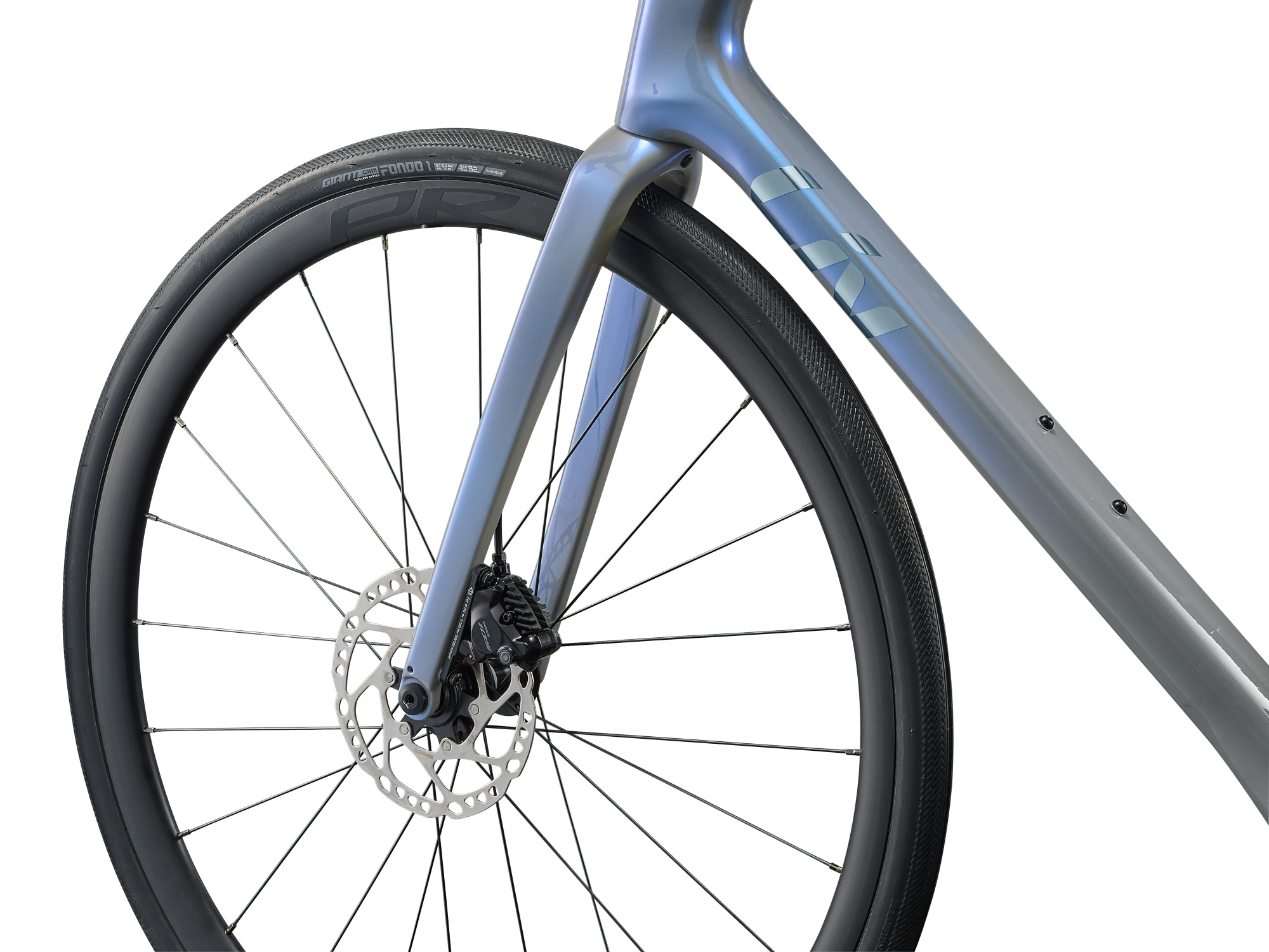 Liv Damen-Rennrad Avail Advanced 2 aus Carbon mit Carbon-Gabel und Carbon-Laufrädern in hellblau/grau, Detailansicht Gabel und Vorderrad