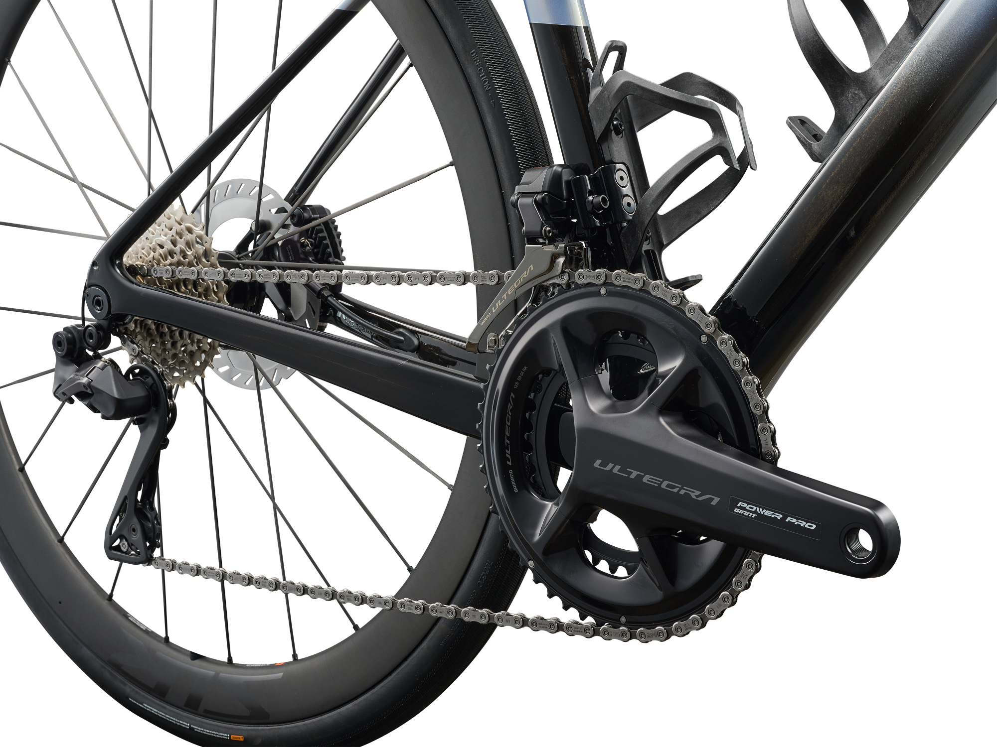 Liv Damen-Rennrad Avail Advanced Pro 0 aus Carbon in silber/blau und schwarz, Komponenten in schwarz, mit Shimano Ultegra, Detailansicht auf den Hinterbau mit Schaltung