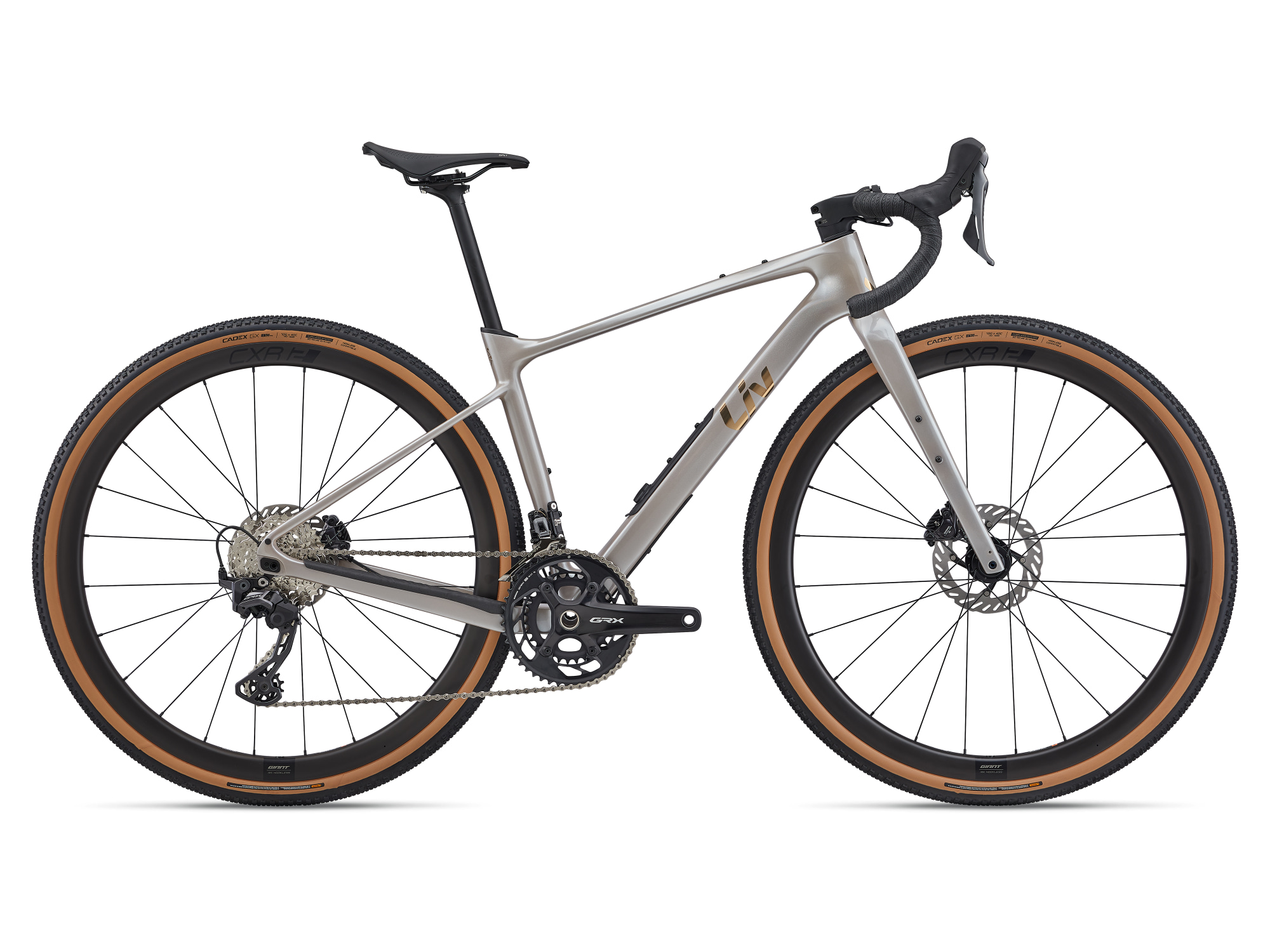 Liv Damen-Gravelbike Devote Advanced aus Carbon in hellem beige mit goldener Aufschrift, Seitenansicht