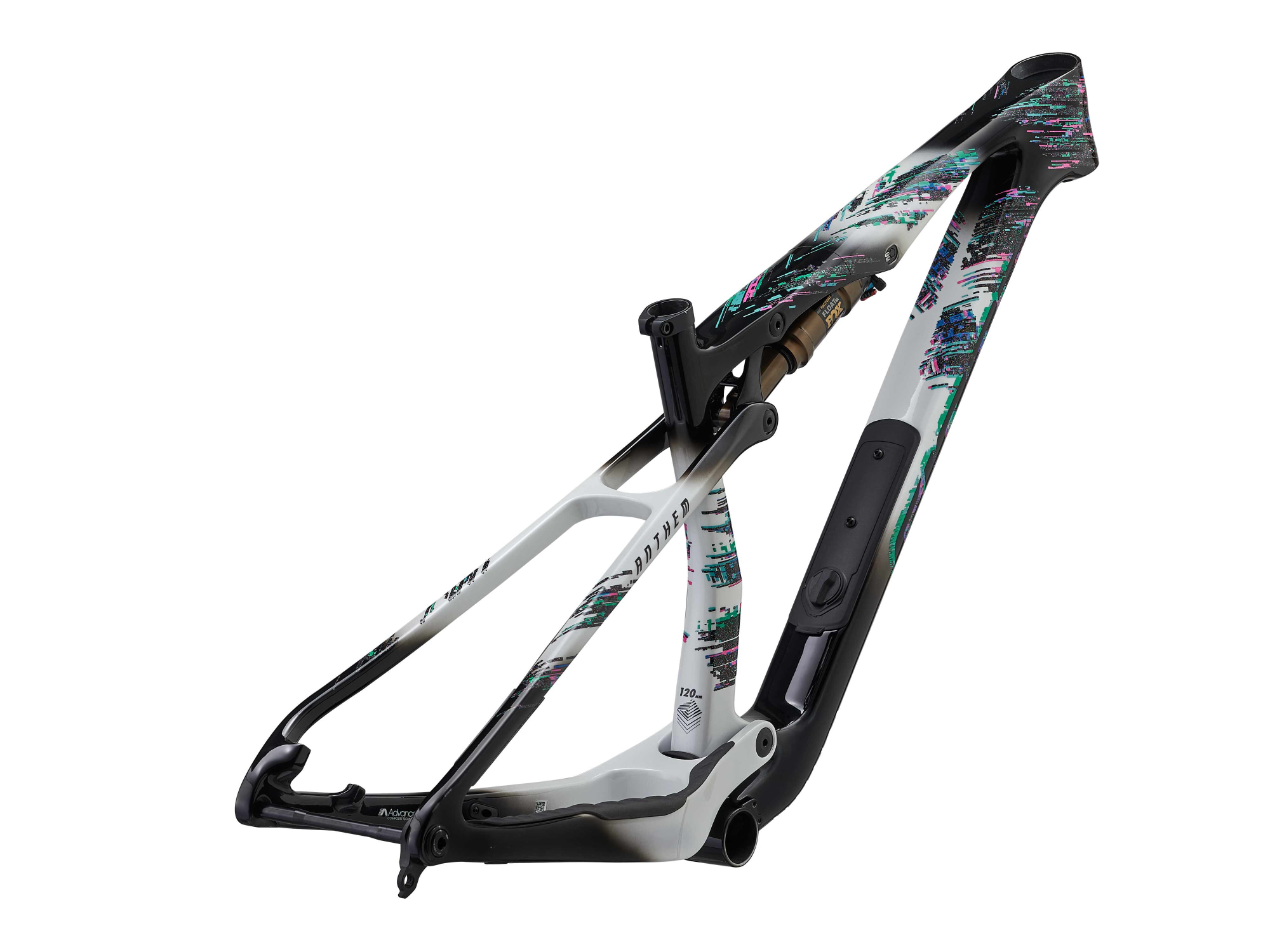 Giant Carbon-Rahmen Anthem X mit Fox Dämpfer in der weiss-schwarz mit türkisen und pinken Pixeln, Ansicht von schräg hinten
