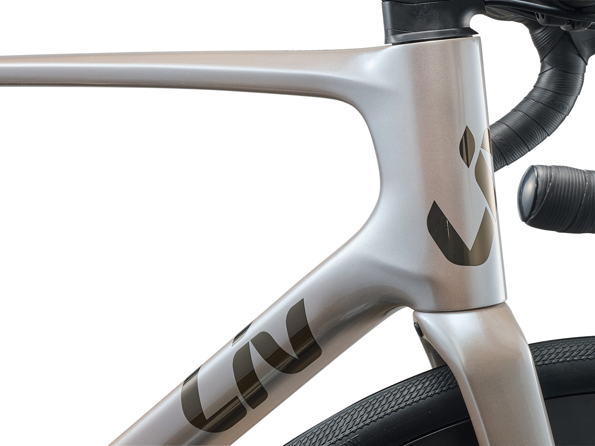 Liv Rennrad für Damen, Avail Advanced 0 mit Carbon-Rahmen und -Gabel in silber-hellem cremefarben, Detailansicht Steuerkopf