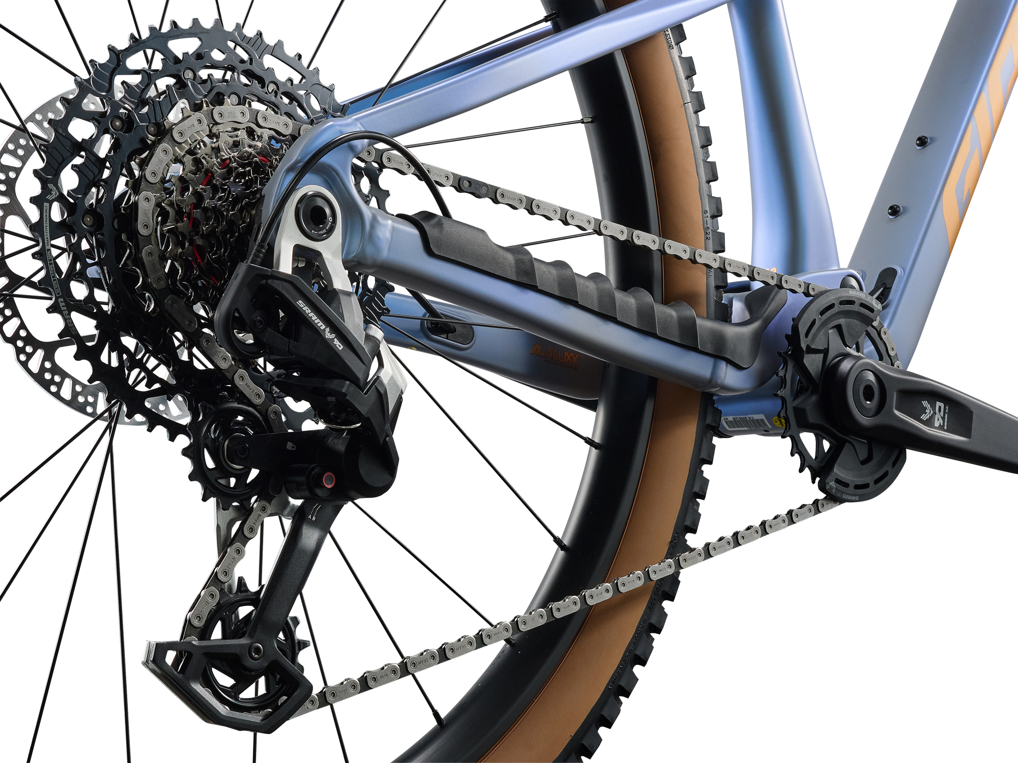Giant Stance 0 Mountainbike in Moonstone mit SRAM-Antrieb und Hinterrad in Detailansicht.