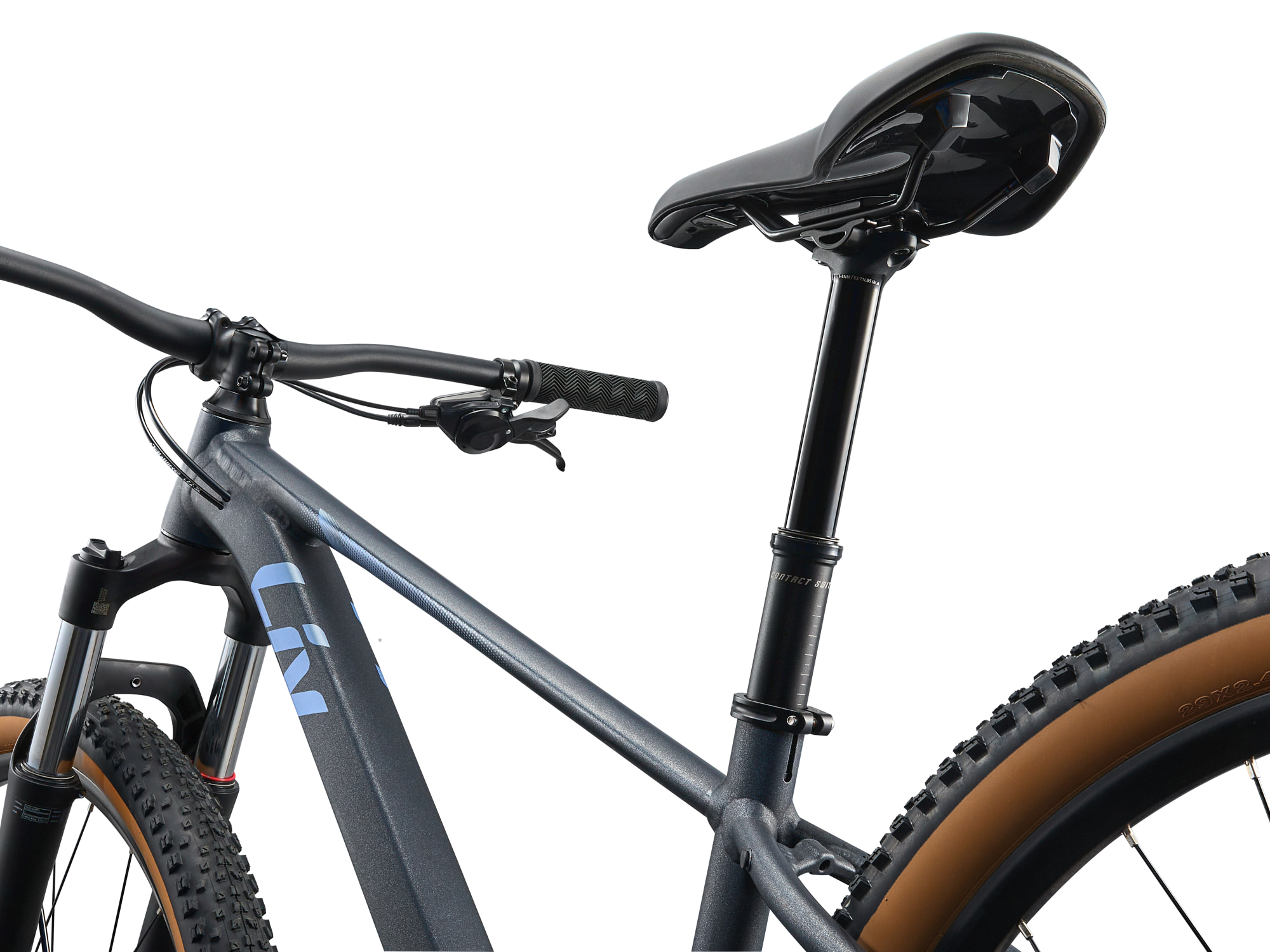 Liv Damen-MTB Hardtail in dunklem grau mit hellblauer Aufschrift, Detailansicht von schräg hinten auf Sattel und Sattelstüzte