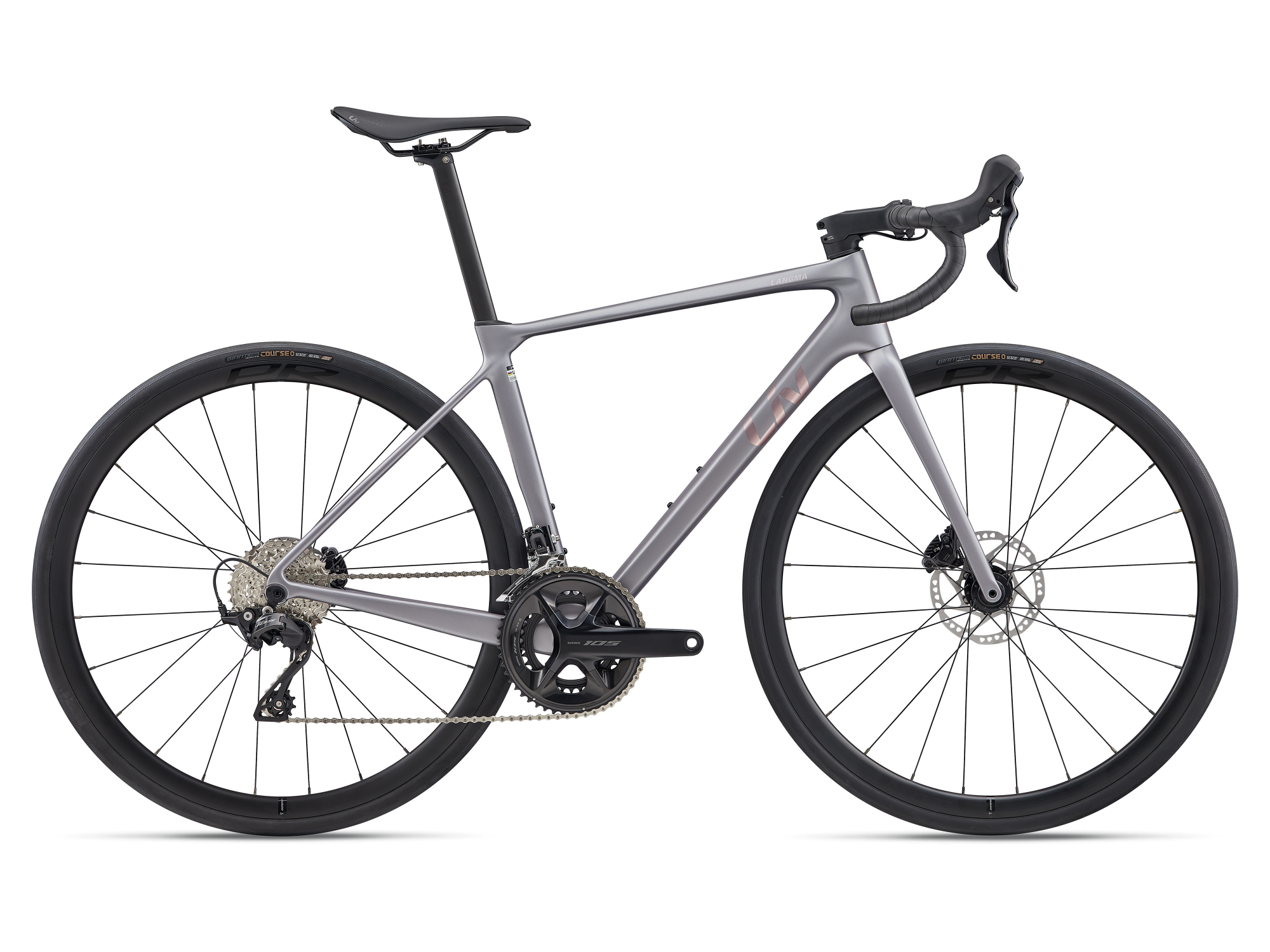 Liv Damen-Rennrad Langma Advanced 2 mit hellgrauem Carbon-Rahmen und Carbon-Gabel, Aufschrift bronze, Komponenten schwarz, Seitenansicht