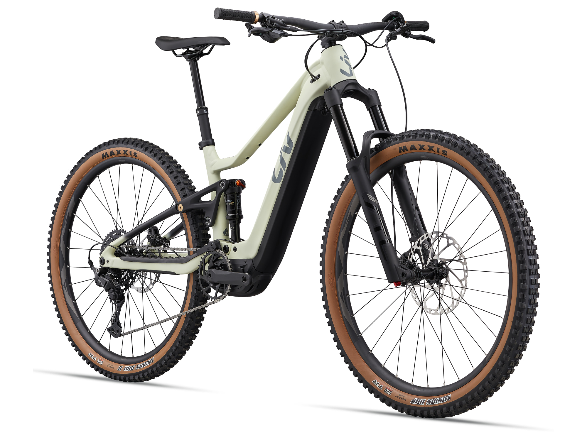 Liv Embolden E+ 1 E‑MTB in Pale Moss mit Federung vorne und breiten Stollenreifen