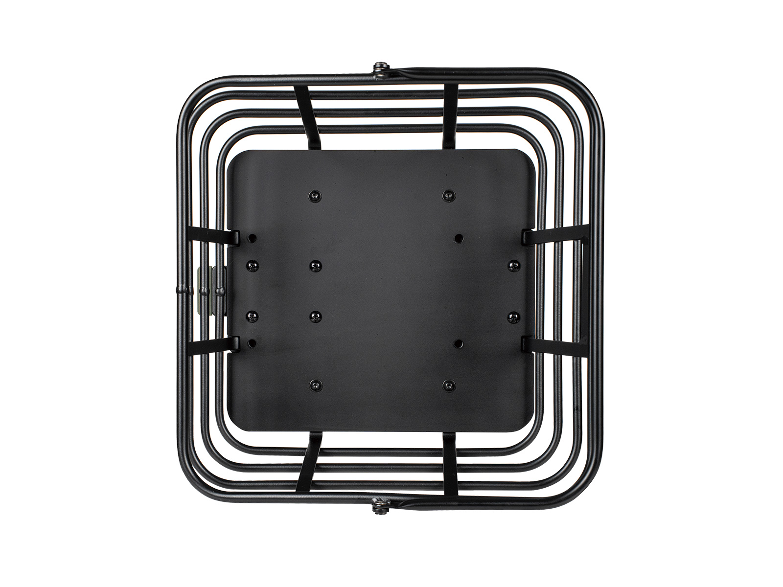 Topeak Urban Basket DX 18 Fahrradkorb in Schwarz, Draufsicht auf quadratische Bodenplatte und Metallgitter.