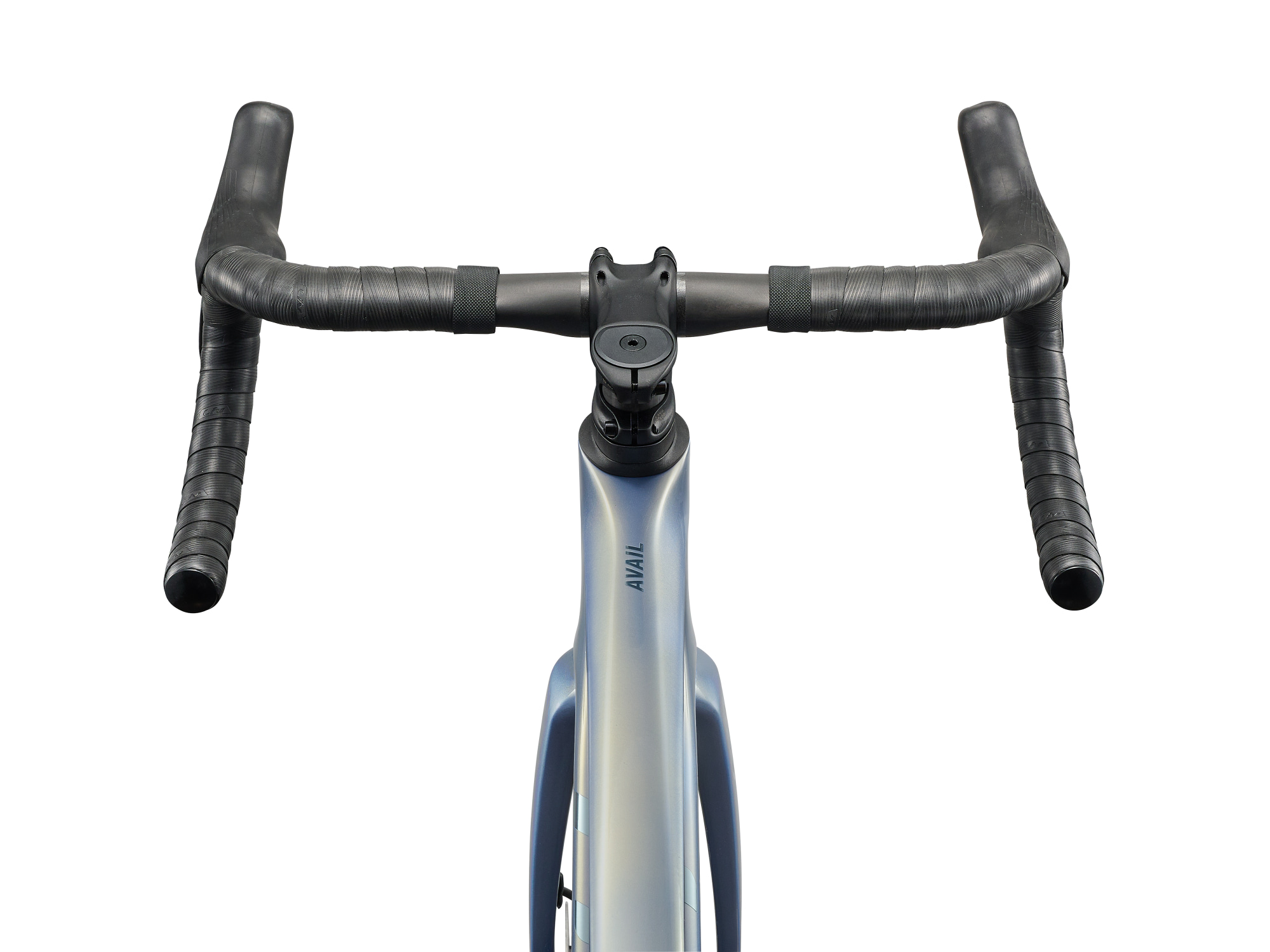 Liv Damen-Rennrad Avail Advanced Pro 0 aus Carbon in silber/blau und schwarz, Komponenten in schwarz, mit Shimano Ultegra, Detailansicht von oben auf die Lenkereinheit