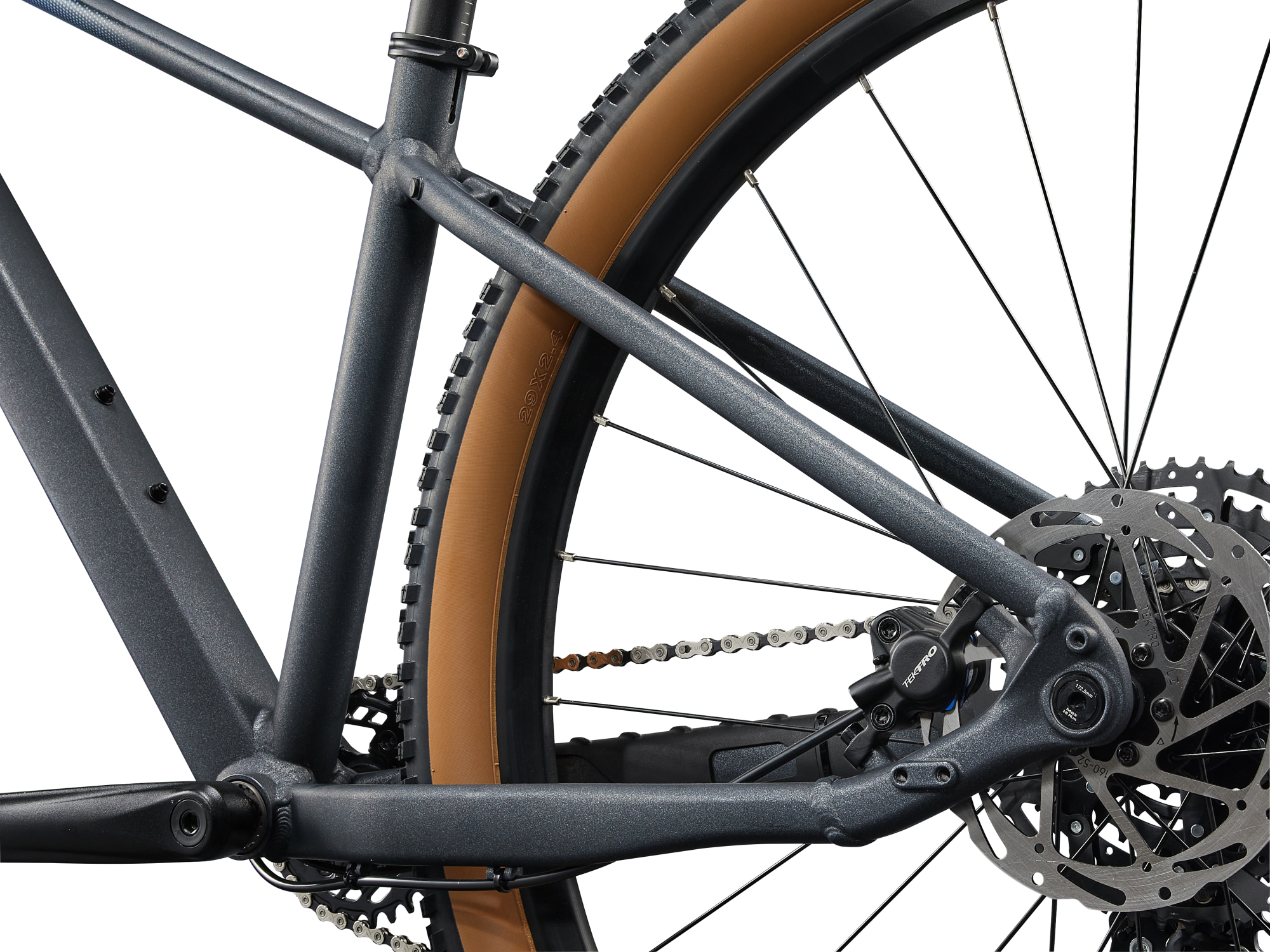 Liv Damen-MTB Hardtail in dunklem grau mit hellblauer Aufschrift, Detailansicht Hinterbaut von links