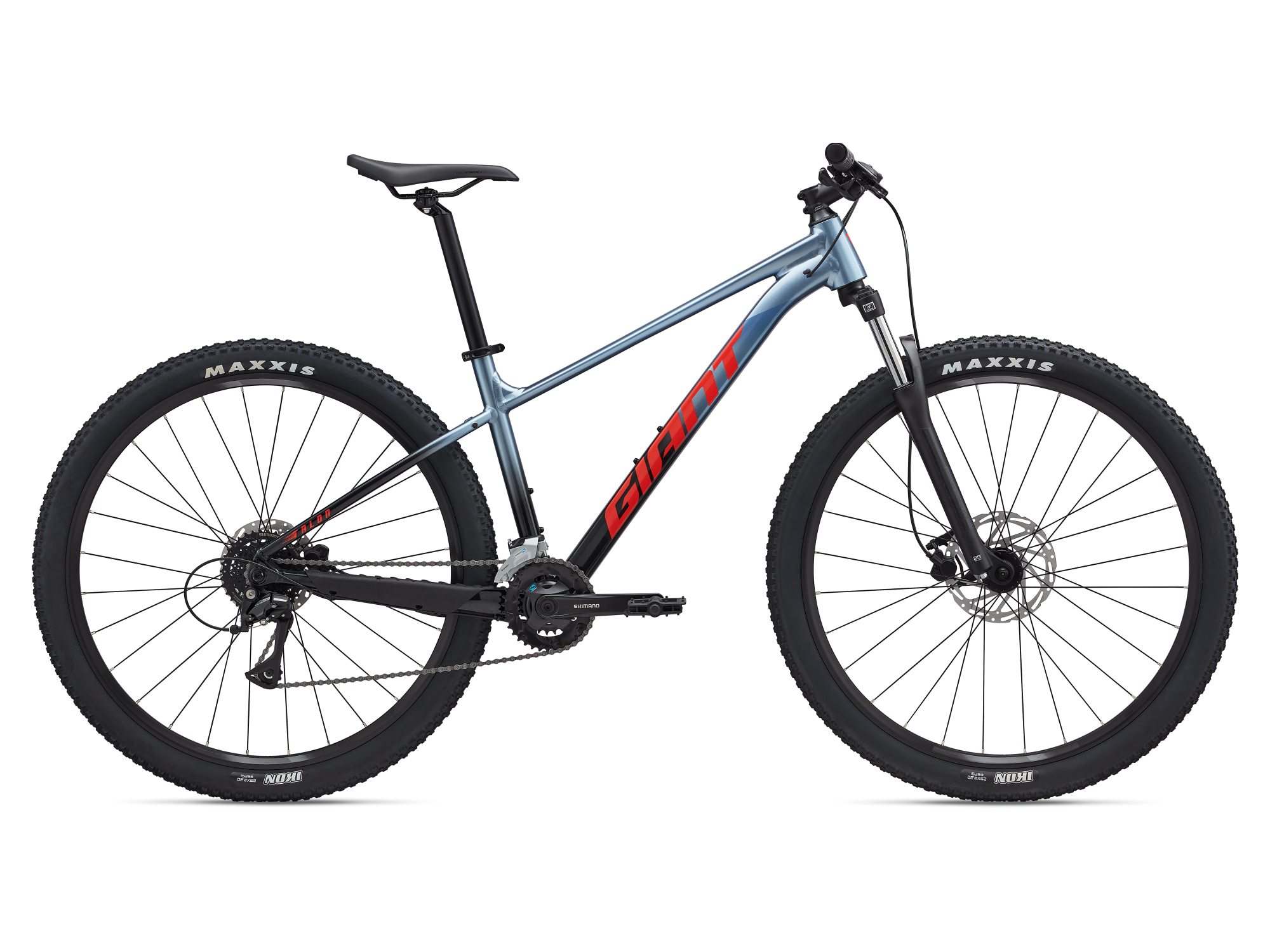 Giant Mountainbike Hardtail Talon 3 aus Aluminium in Eisblau-Schwarz mit roter Schrift und Federgabel, Ansicht von der Seite