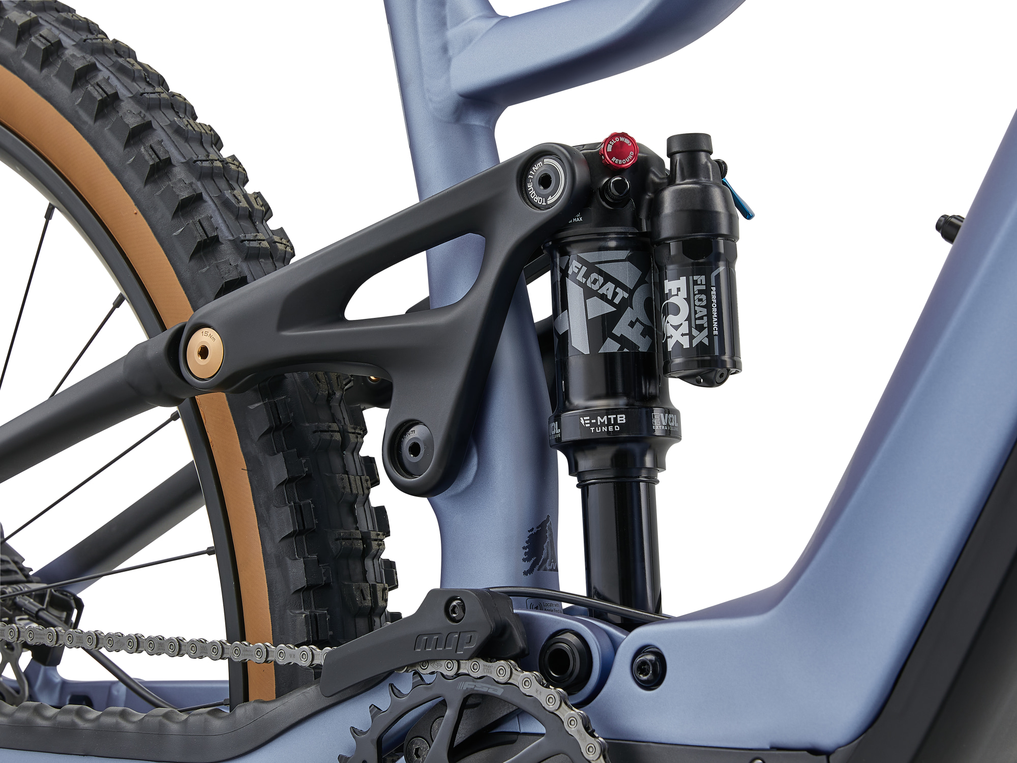 iv Embolden E+ 0 E-Mountainbike mit FOX Hinterbaudämpfer und Umlenkhebel.