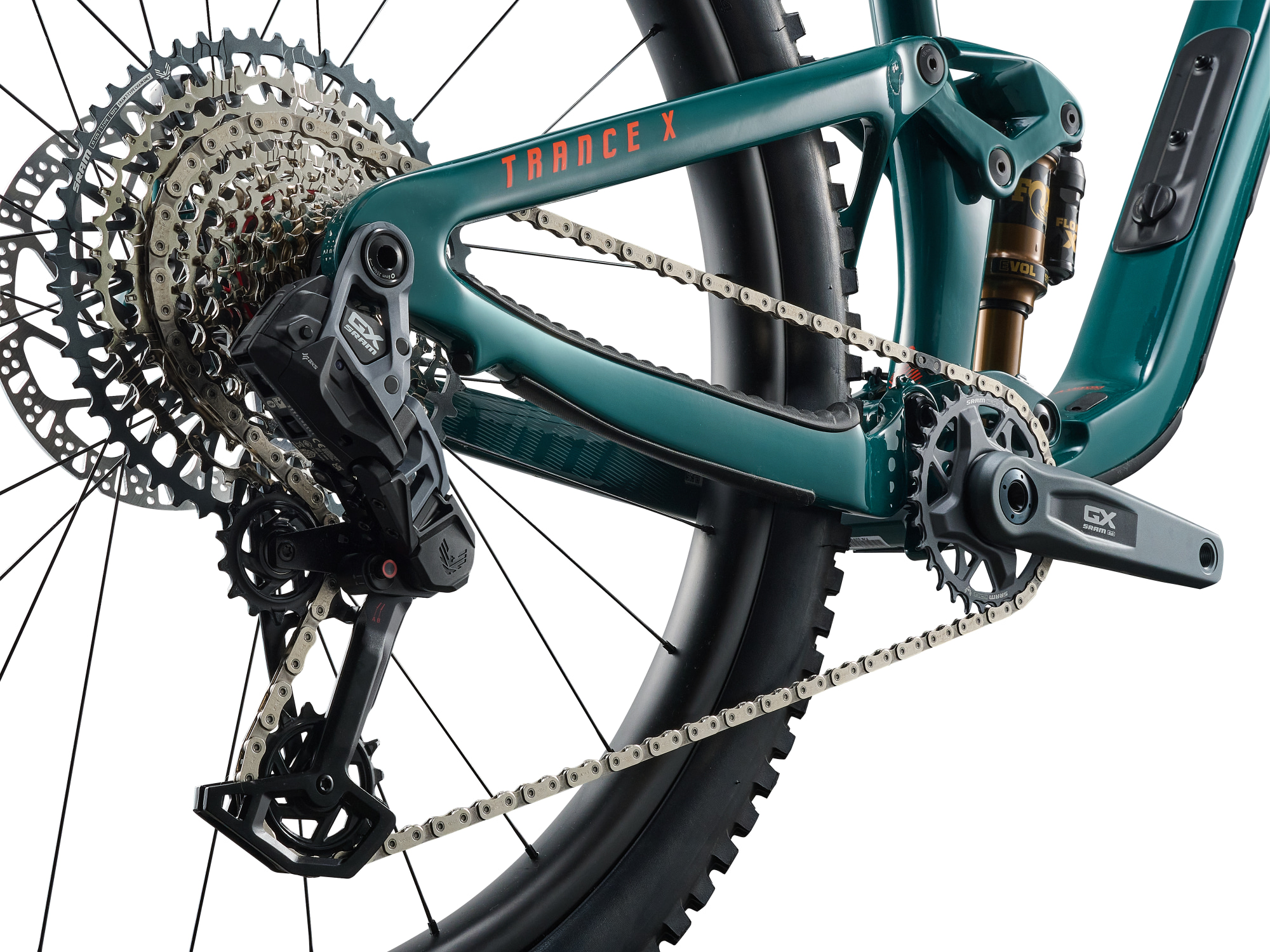 Giant Trance X Advanced 1 Mountainbike in Abyss Teal mit SRAM GX Antrieb und grosser Kassette.