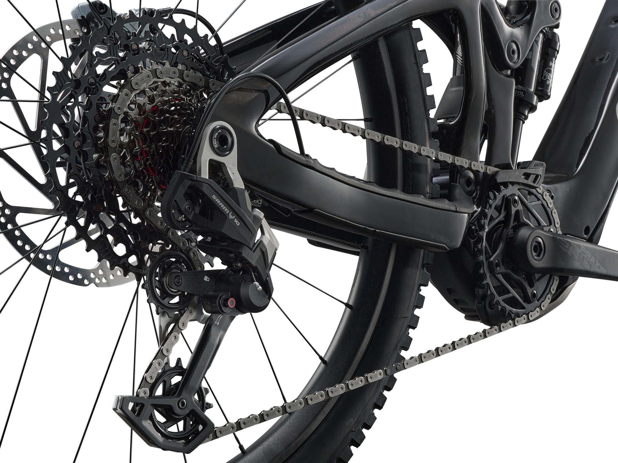 Detailansicht Giant Reign Advanced Hinterbau mit Sram Schaltwerk und Schutz für Kettenstrebe