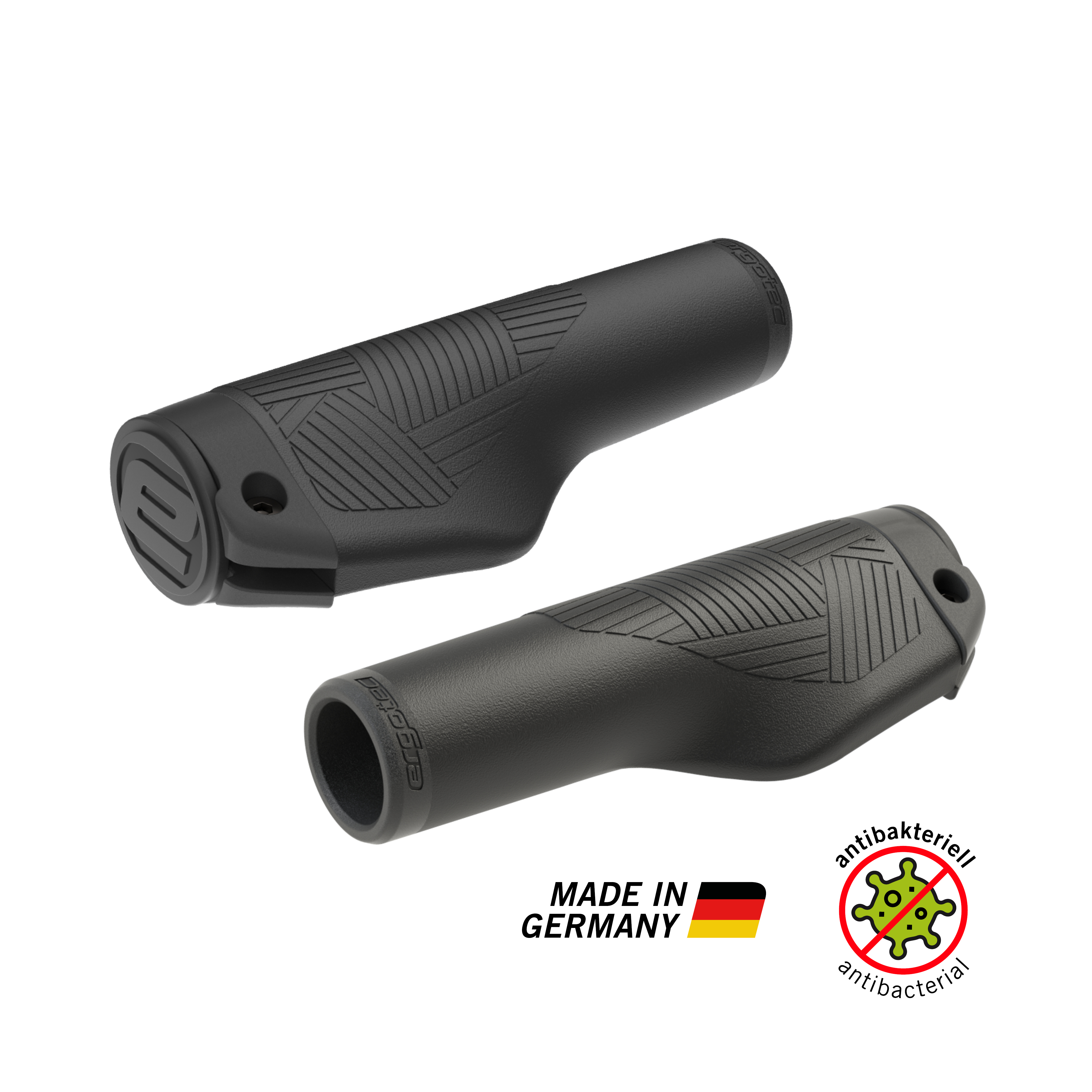 Fahrradgriffe der Marke Ergotec Modell EG Ambition in schwarz mit dem Logo Made in Germany
