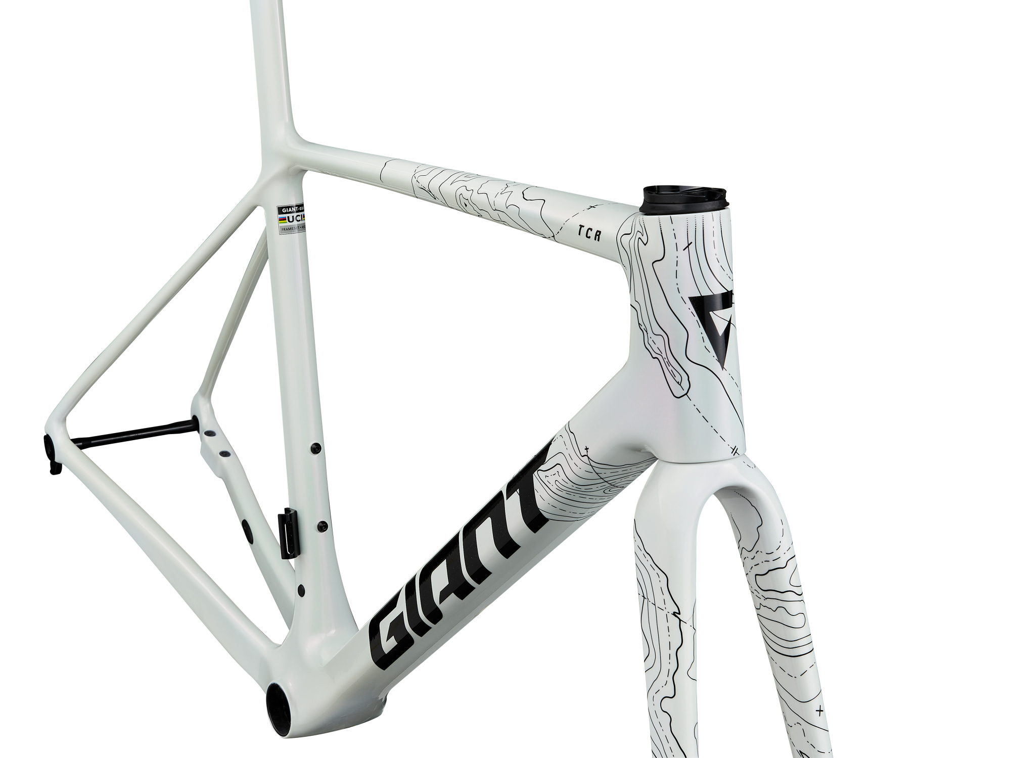 Giant Rennrad-Rahmen und Gabel, TCR Advanced SL aus Carbon in weiss mit schwarzer Aufschrifft und geographischen Linien, Blick auf Steuerkopf