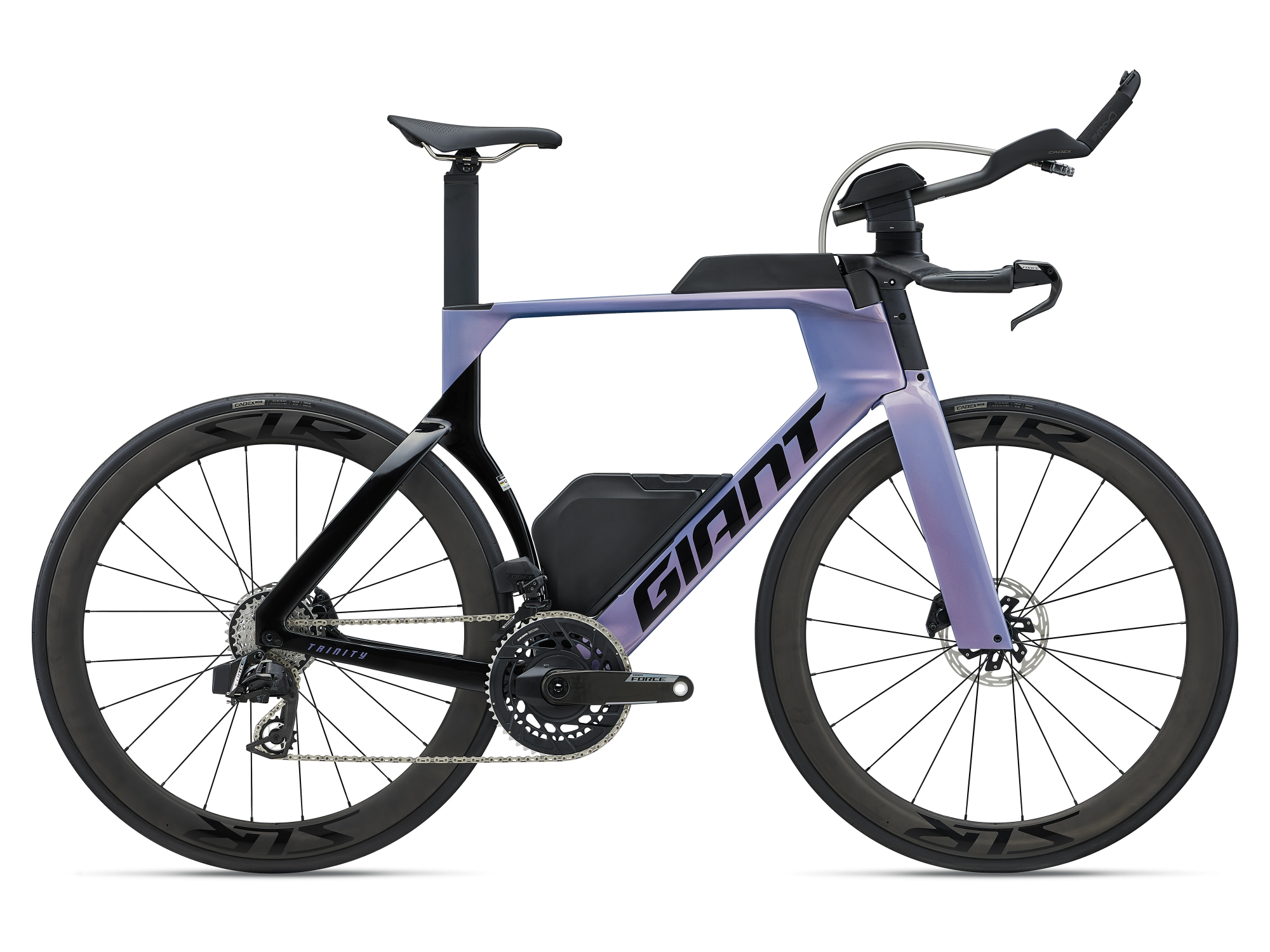 Giant Trinity Advanced SL Triathlonrad in Ember Violet Carbon mit integrierter Trinkeinheit und Carbon-Aerolaufrädern.