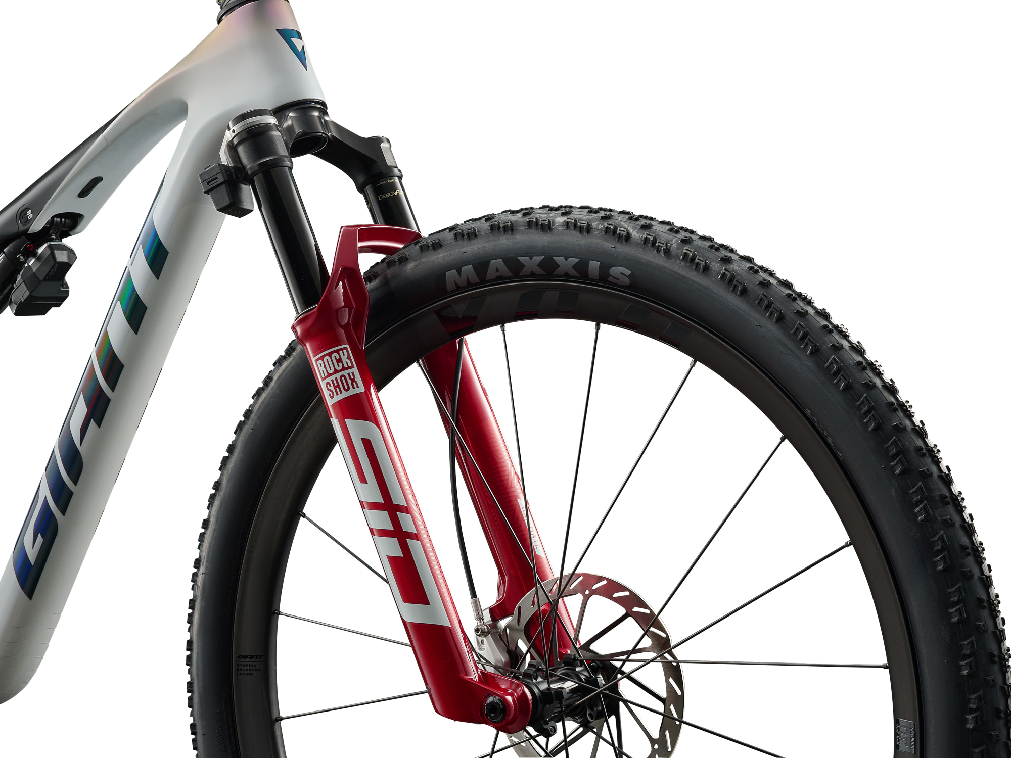 Giant Anthem Advanced SL SE MTB, Fullsuspension in weiss-schwarz, Detailansicht Vorderrad mit Federgabel
