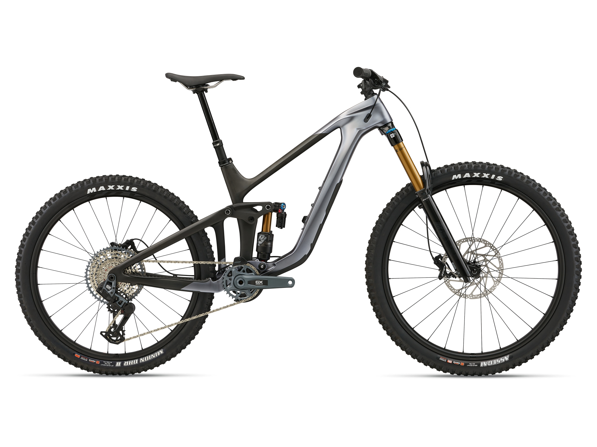Full Suspension MTB von Giant, Modell Reign aus Carbon in silber dunkelgrau von der Seite