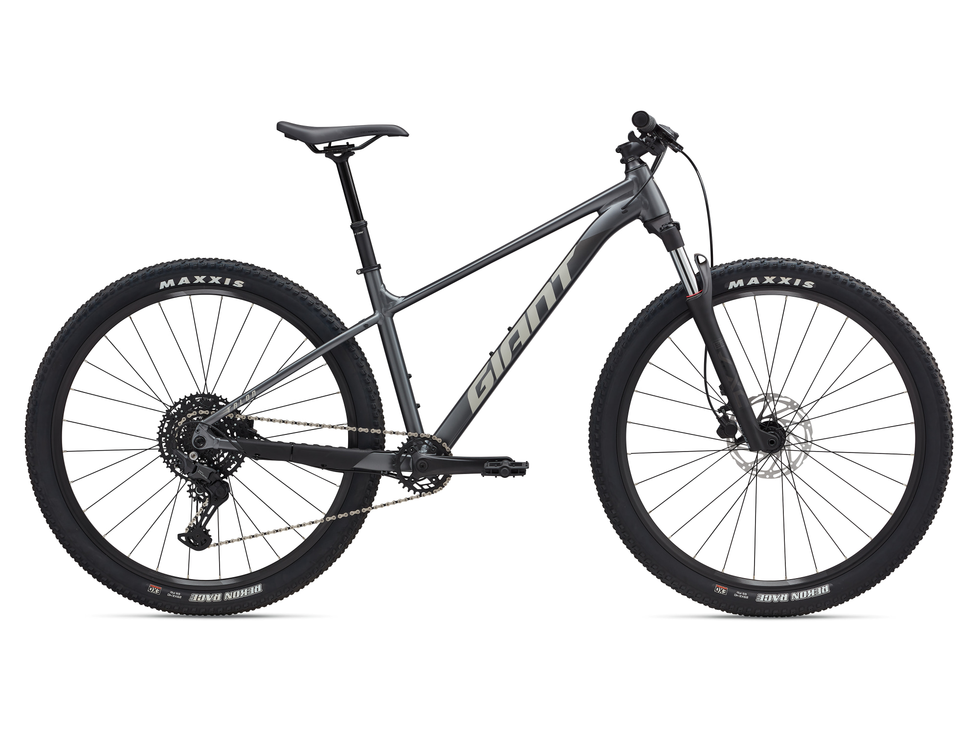 Giant Talon 1 Mountainbike Hardtail in anthrazit mit schwarzen Komponenten, schwarzen Reifen und Federgabel, Ansicht von der Seite