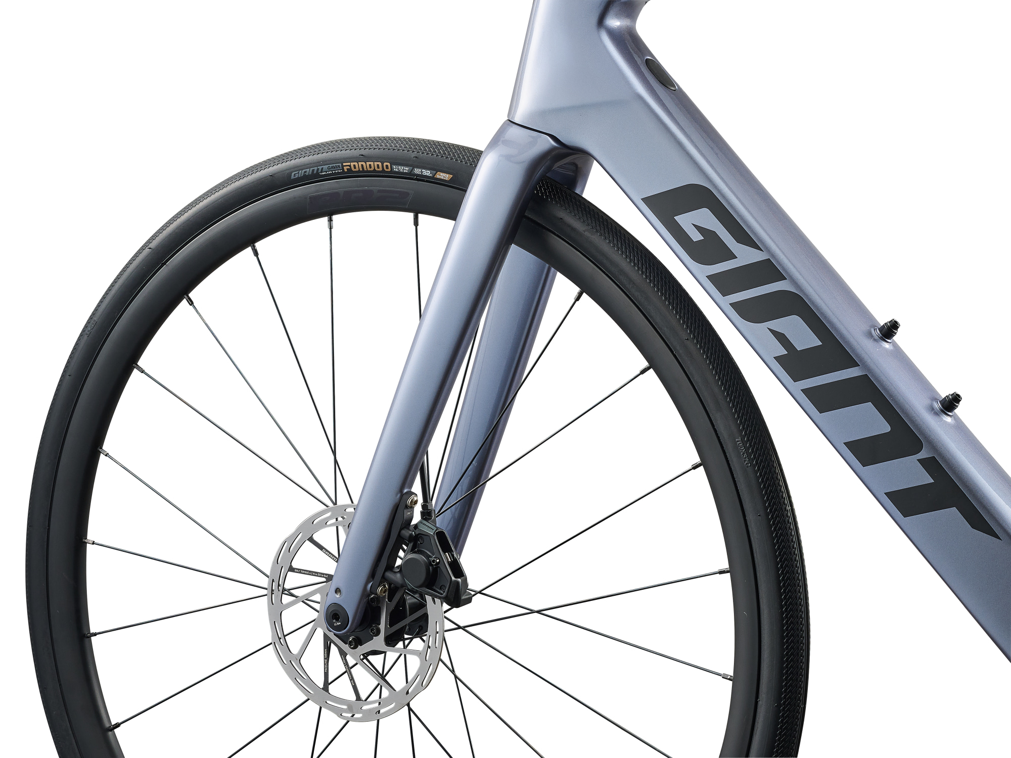 Giant Defy Advanced E+ Elite 2, E-Rennrad mit Carbonrahmen in silber, Detailansicht Gabel, Vorderrad und Scheibenbremse