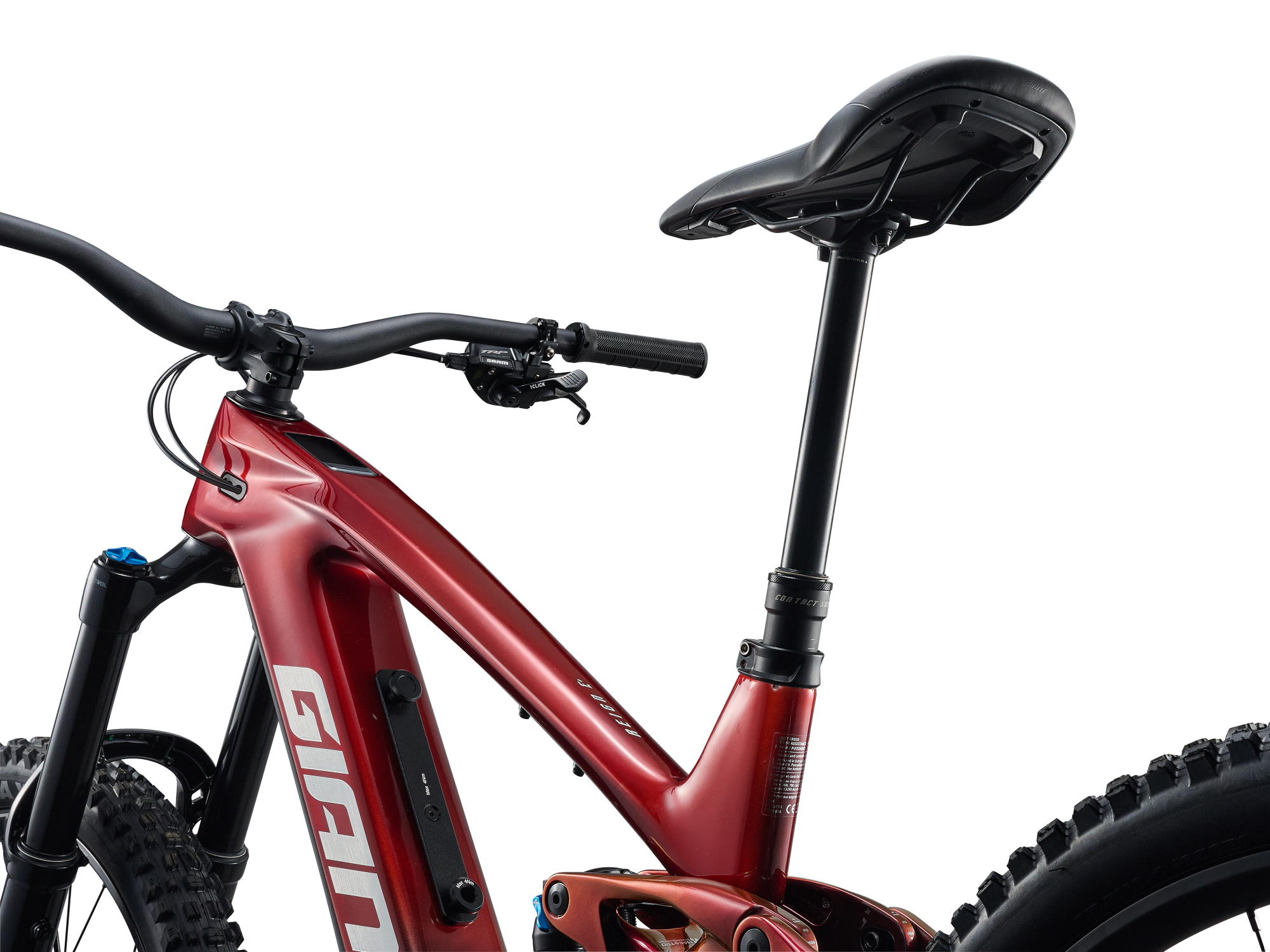 Giant Reign Advanced E+ 1 E-Mountainbike in Mars Dust mit absenkbarer Sattelstütze und Carbonrahmen.