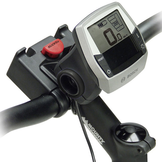 Klickfix MultiClip E Displayhalter in Schwarz mit montiertem E‑Bike‑Display, Frontansicht.