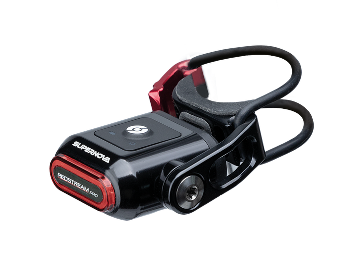 Supernova Redstream Pro Fahrrad-Ruecklicht in Schwarz mit seitlicher Halterung und roter Lichtlinse.