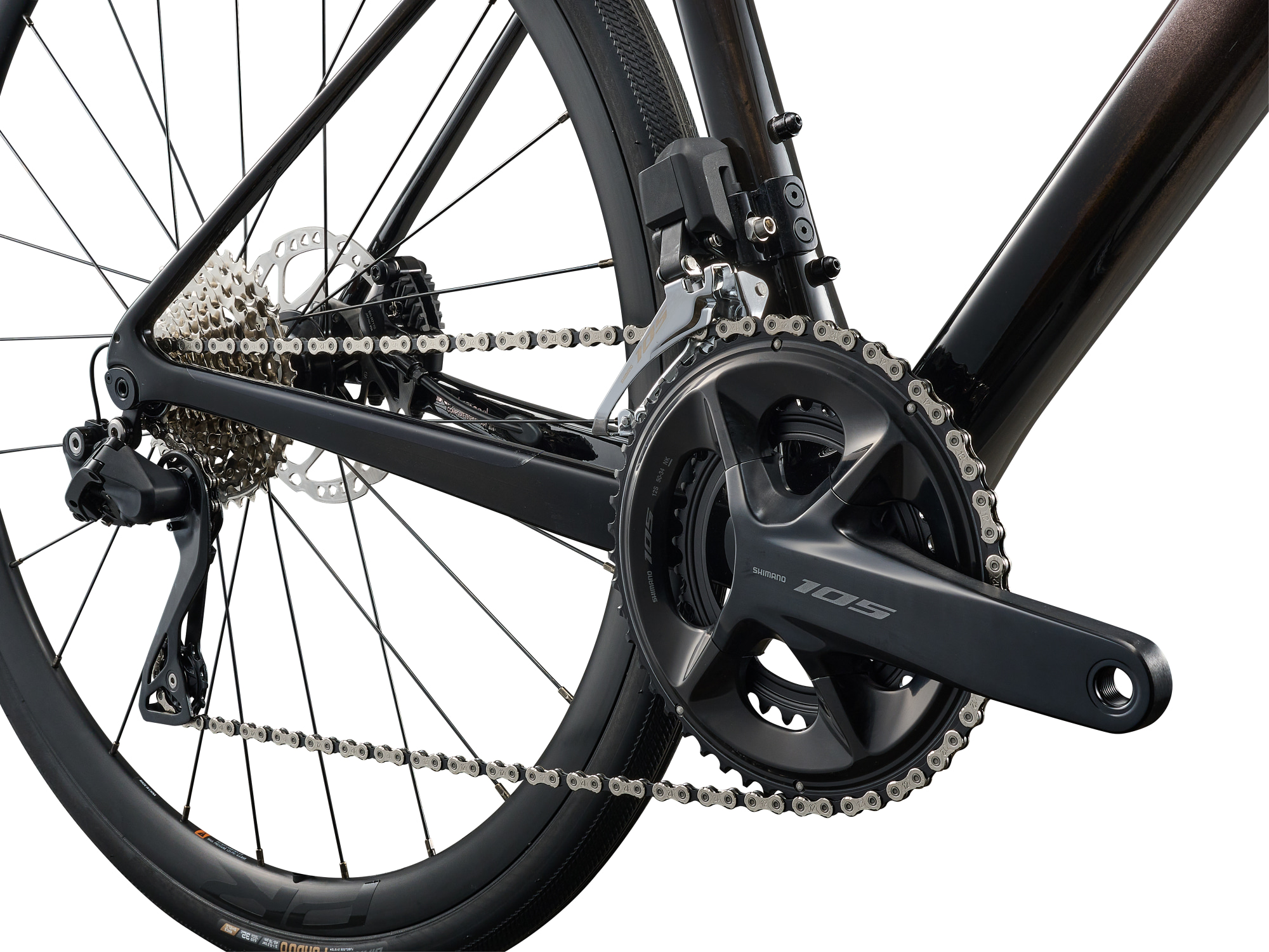 Liv Damen-Rennrad Avail Advanced 1 aus Carbon in der Farbe rouge-carbon, mit Shimano 105 und schwarzen Komponenten, Detailansicht Hinterbau mit Schaltung