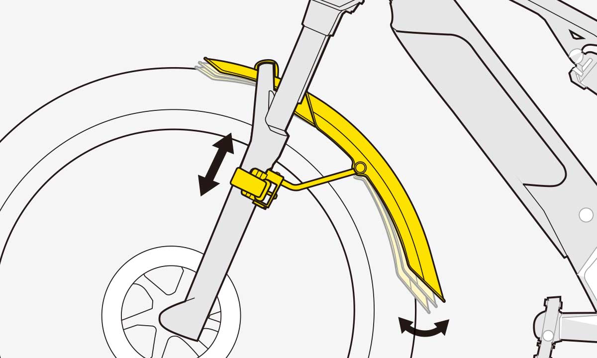 Montageillustration des Topeak TetraFender M1 an einer Fahrradgabel, gelb markiertes Schutzblech mit Pfeilen für Einstellmöglichkeiten.